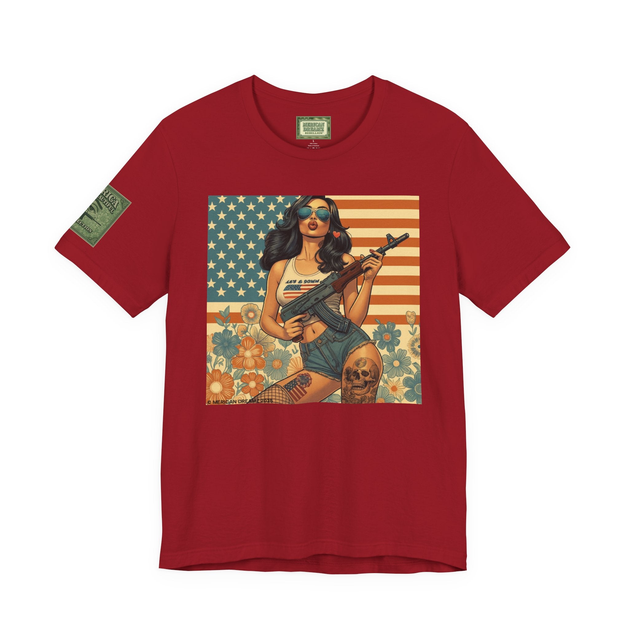 Graphic Short Sleeve Tee front and back — Retro Americana Pin-Up Girls with AK-47 Rifles
