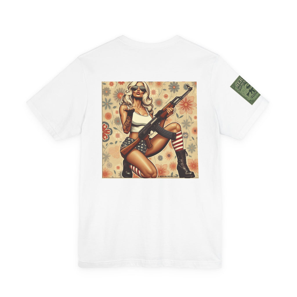 Graphic Short Sleeve Tee front and back — Retro Americana Pin-Up Girls with AK-47 Rifles