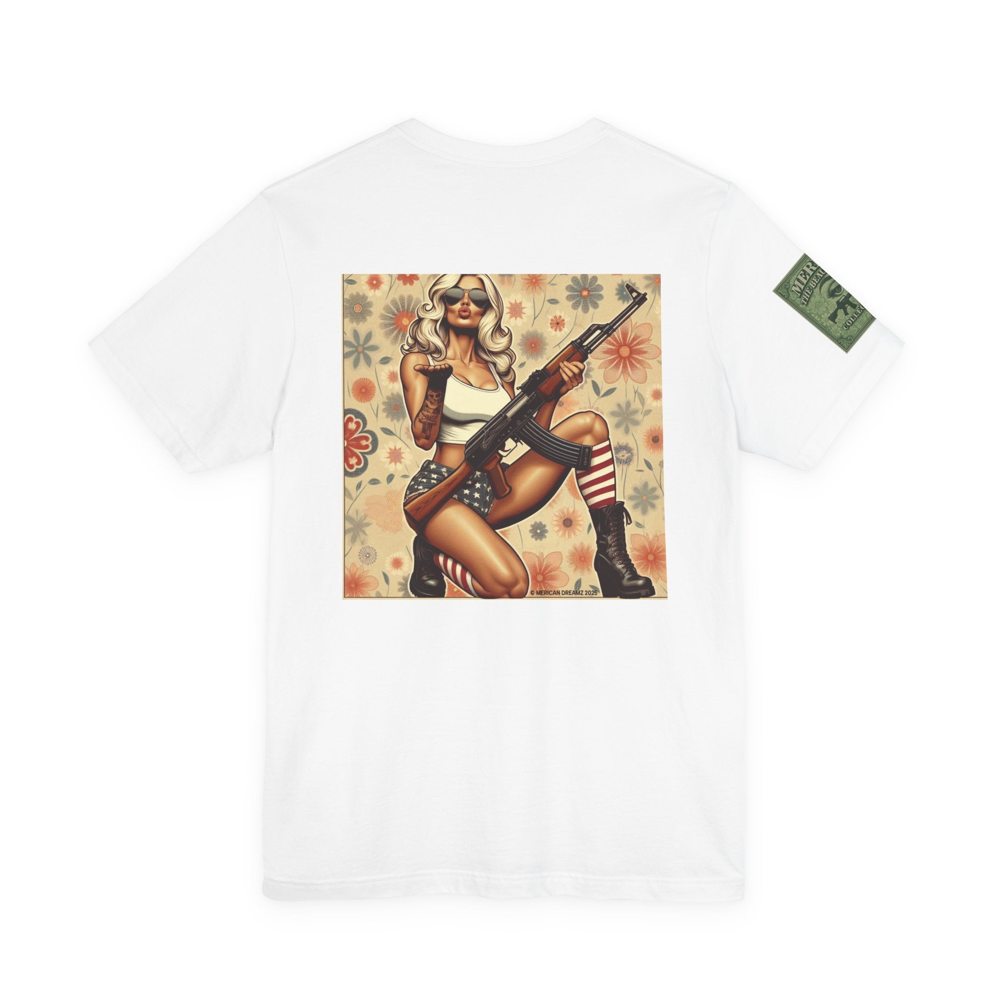 Graphic Short Sleeve Tee front and back — Retro Americana Pin-Up Girls with AK-47 Rifles