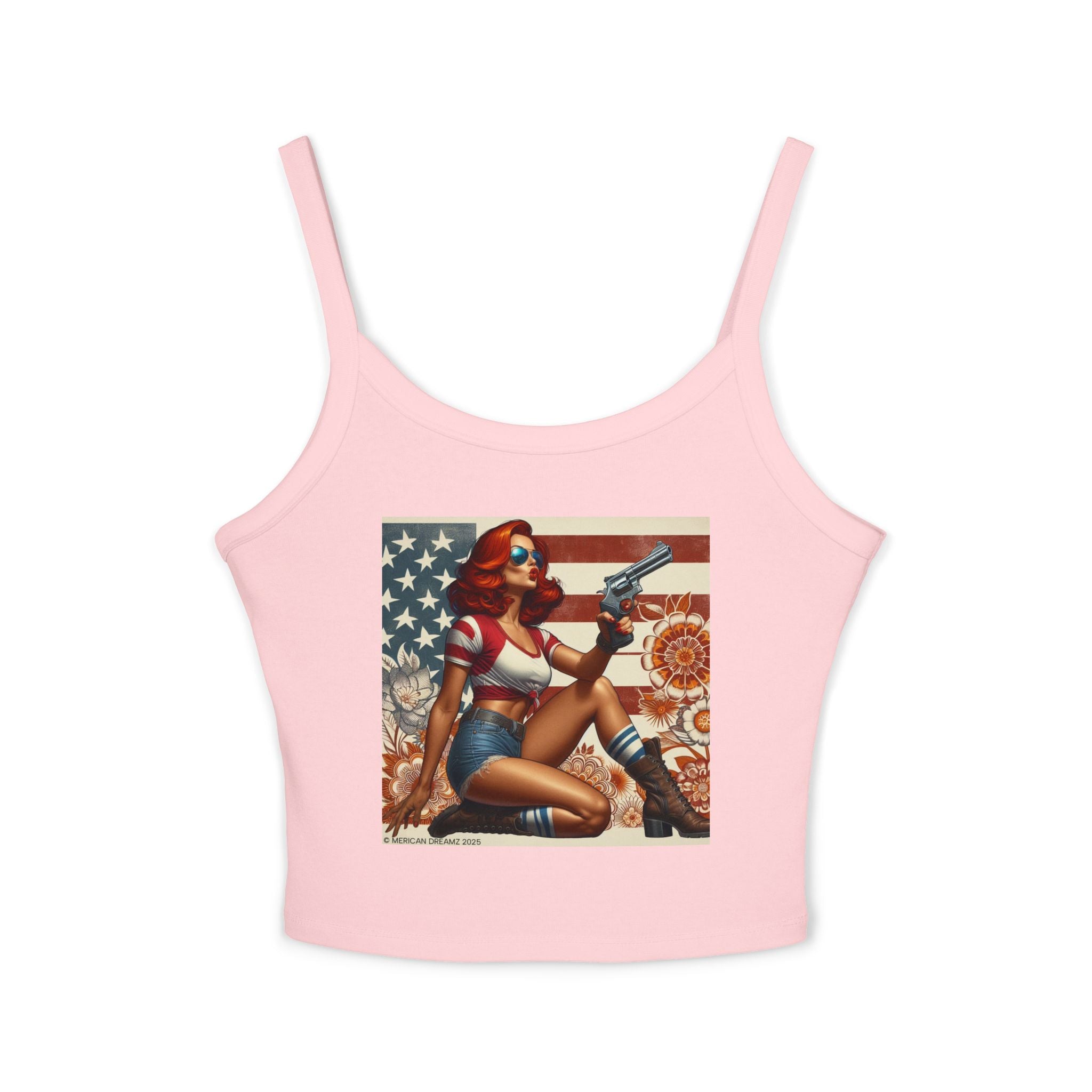 Retro Pinup Girl Tank Top — Vintage Flag & Floral Spaghetti Strap