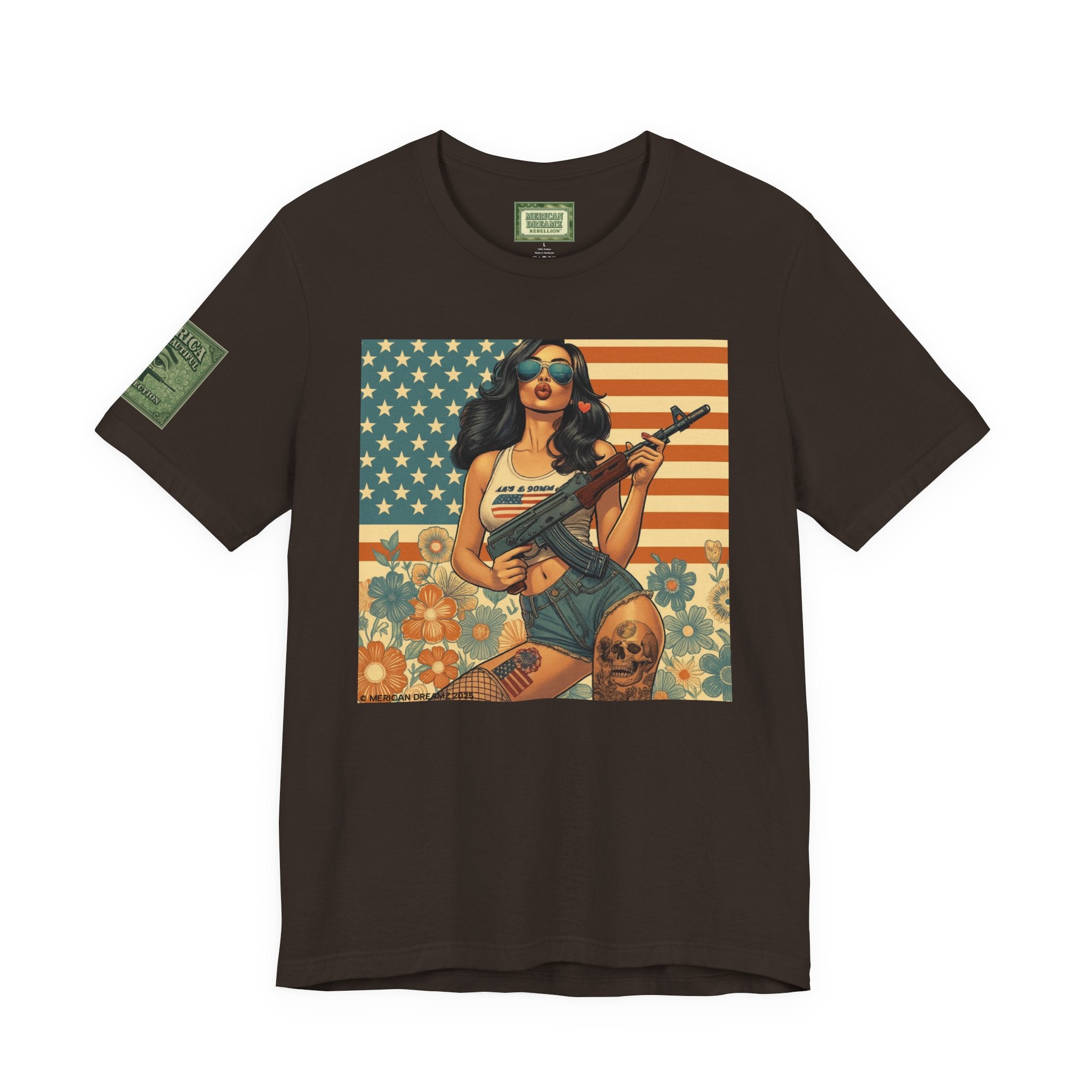 Graphic Short Sleeve Tee front and back — Retro Americana Pin-Up Girls with AK-47 Rifles