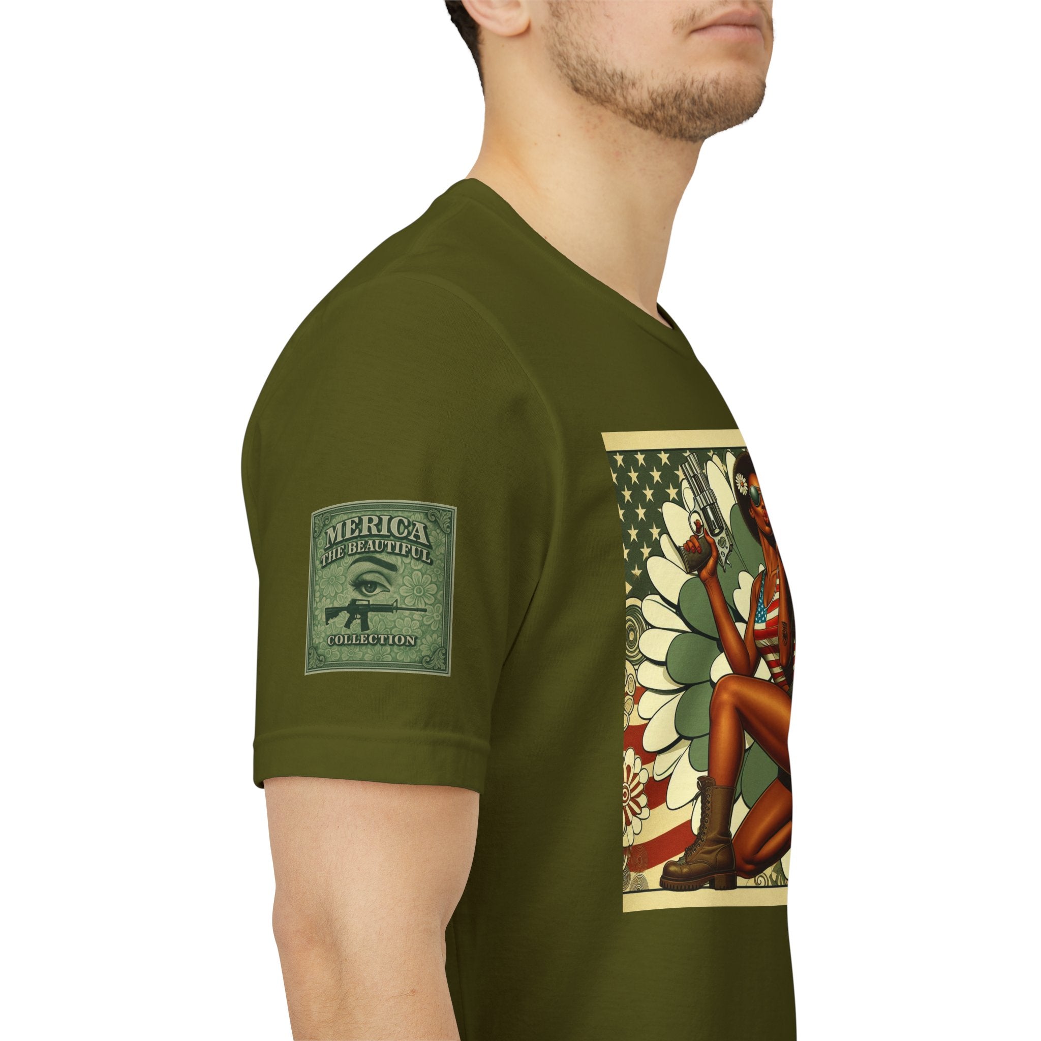 Graphic Short Sleeve Tee front and back — Retro Americana Pin-Up Cowgirls with .44 Magnum and AR-15