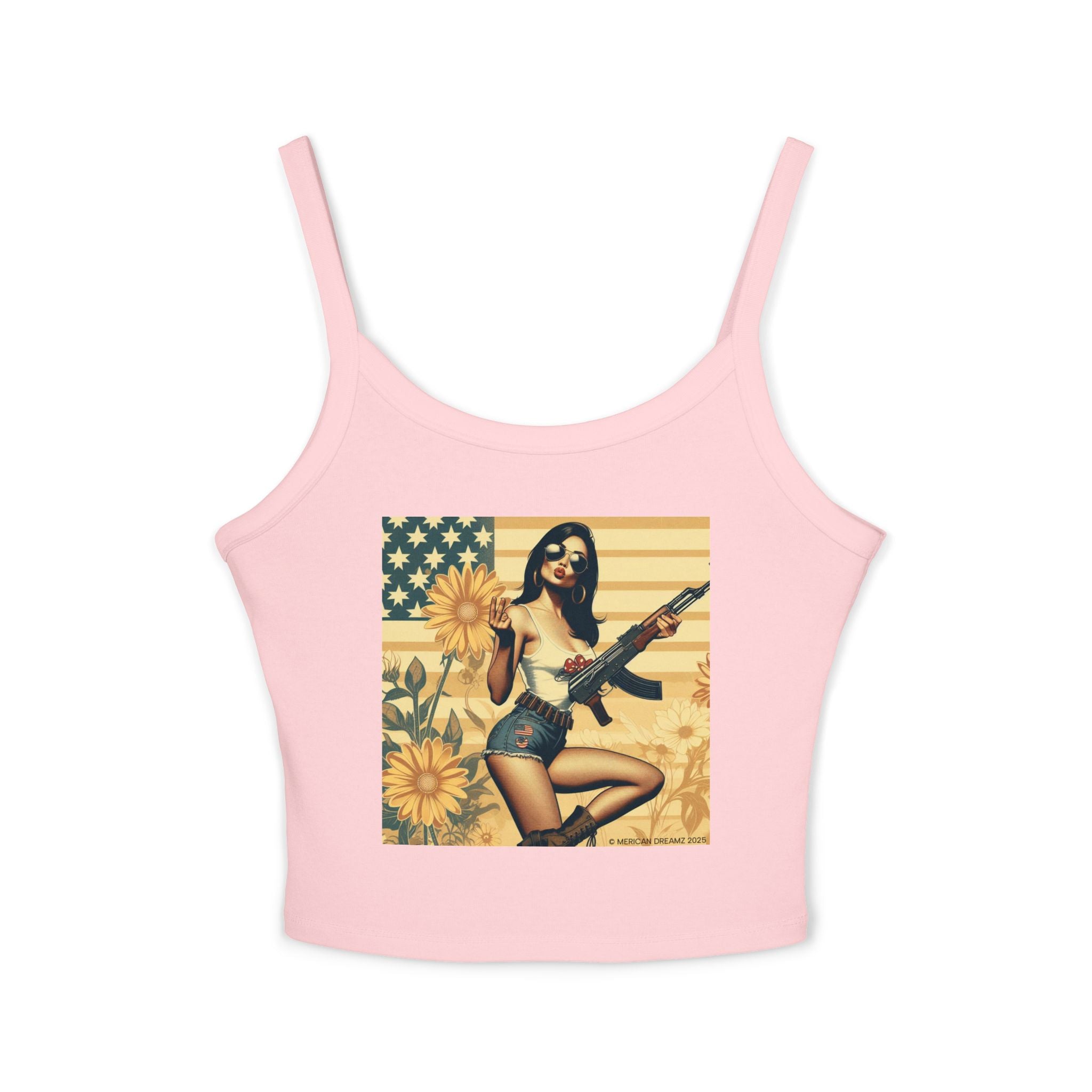 Retro Pinup Girl Tank Top — Vintage Flag & Floral Spaghetti Strap