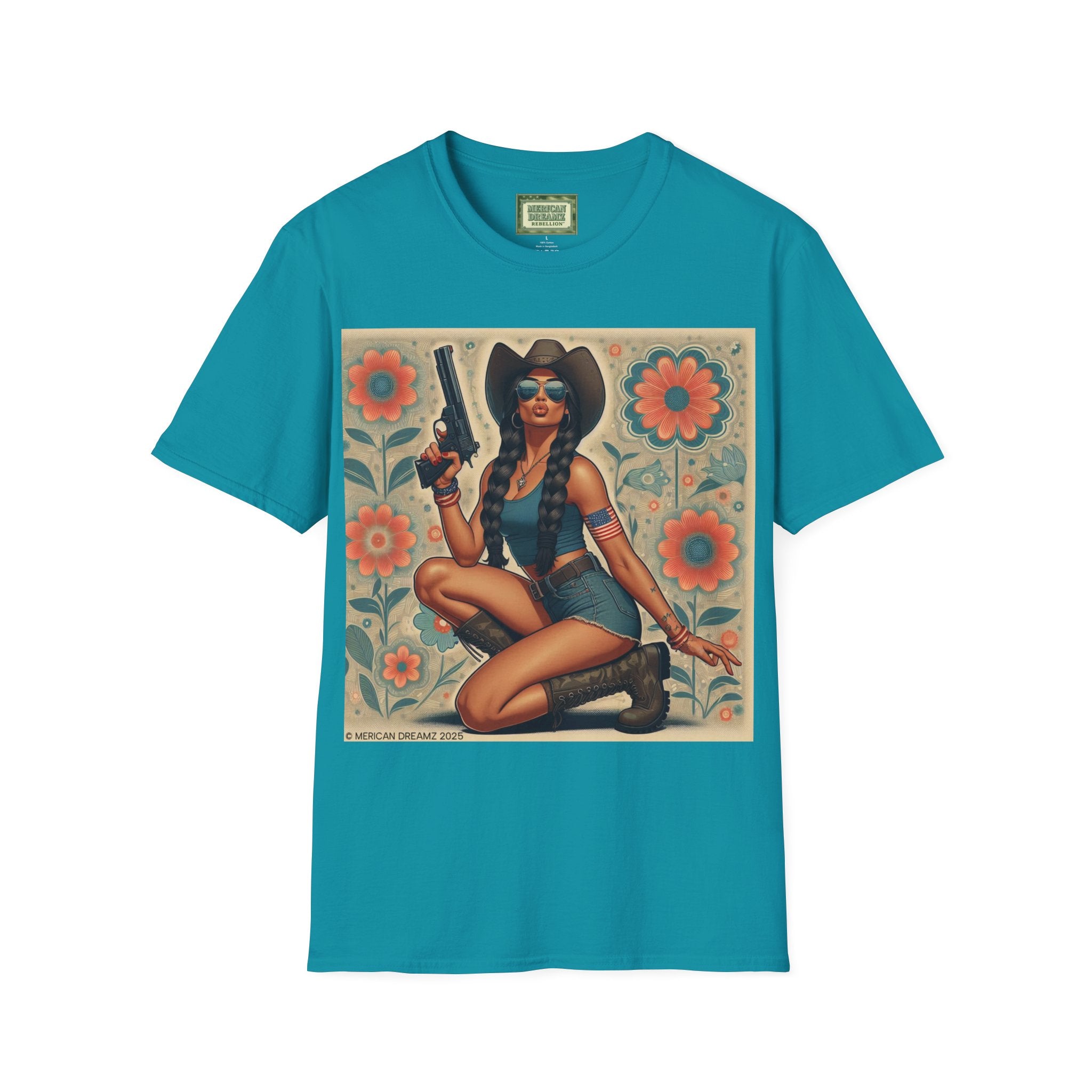 Pin-Up Americana T-Shirt — Retro Floral Gun Cowgirl Vintage Style (US Only)