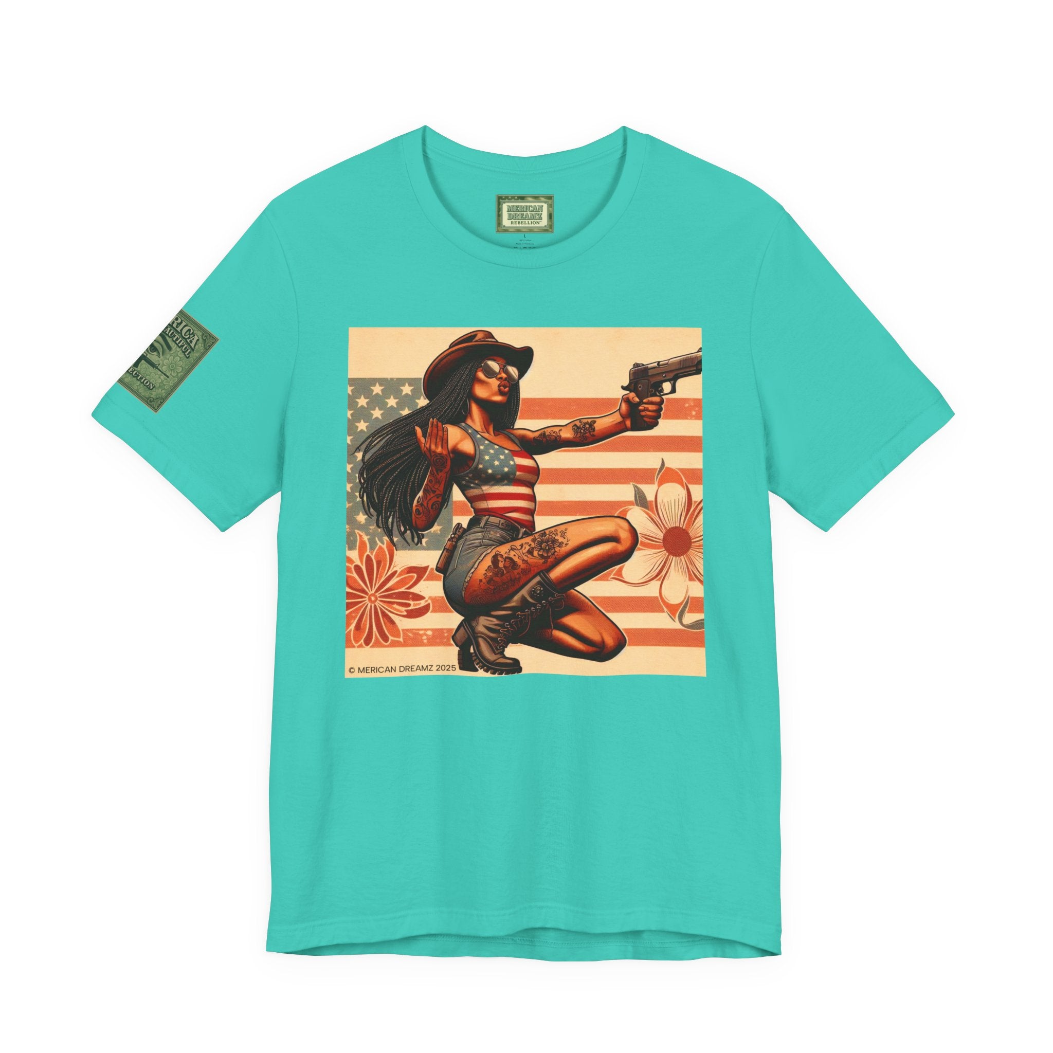 Graphic Short Sleeve Tee front and back — Retro Americana Pin-Up Cowgirls with 9mm Pistols