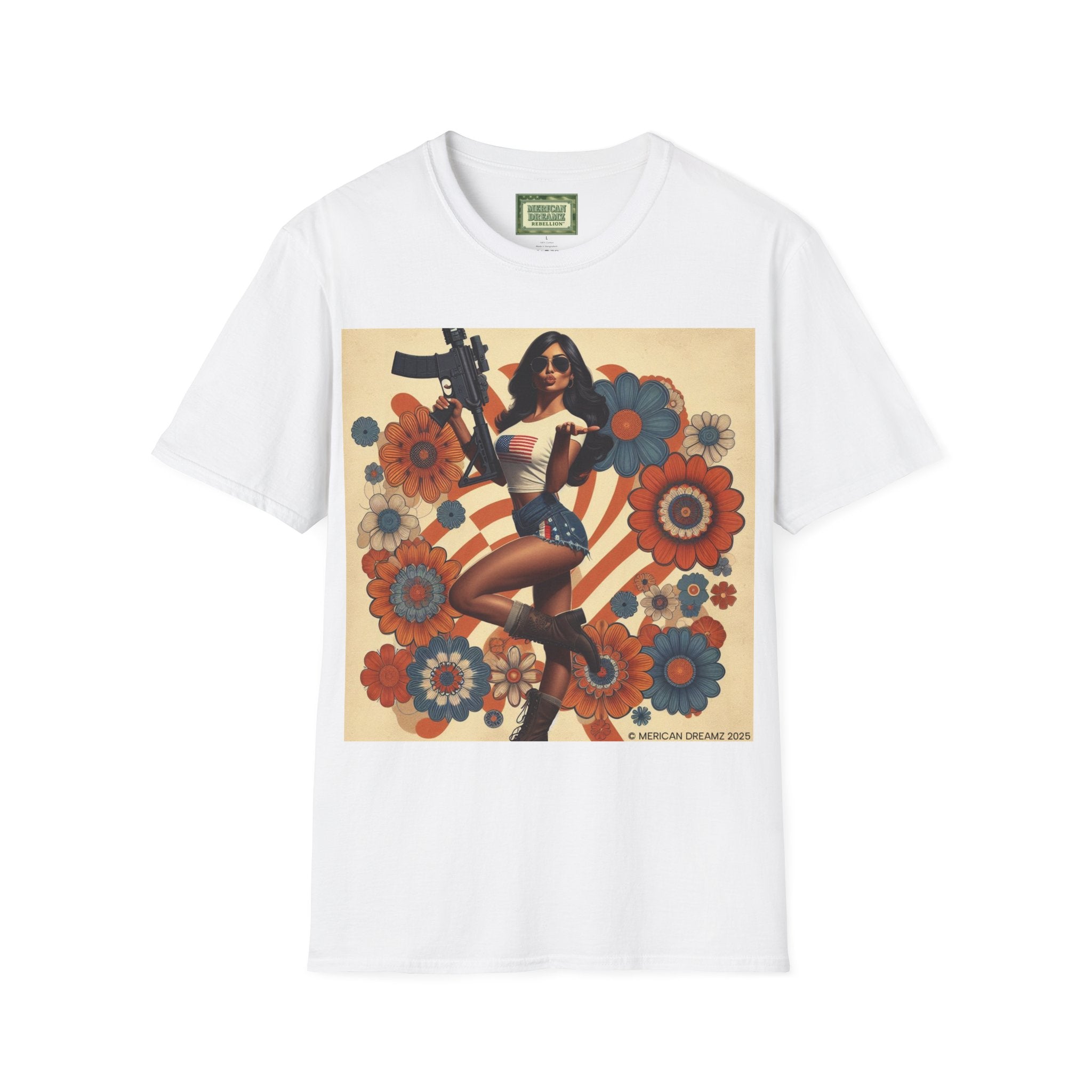Graphic T-Shirt — Patriotic Pinup Girl with Rifle Vintage Flag Design (US Only)