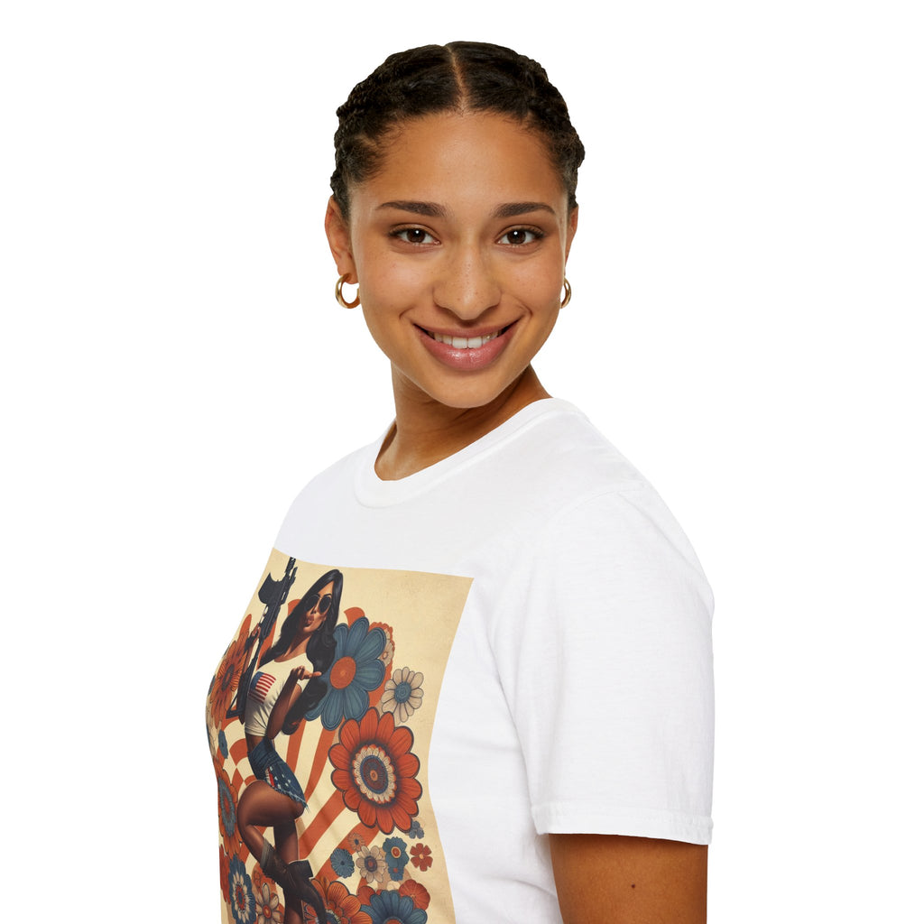 Graphic T-Shirt — Patriotic Pinup Girl with Rifle Vintage Flag Design (US Only)