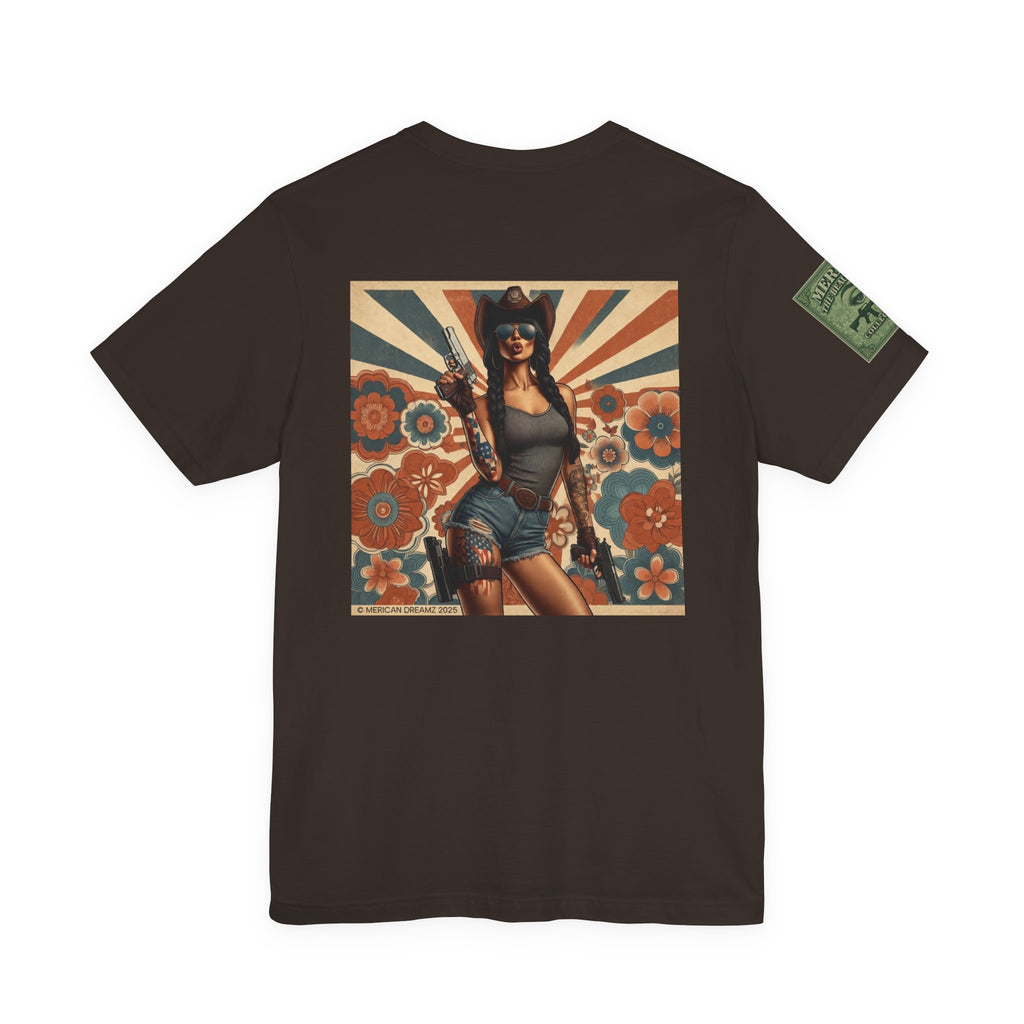 Graphic Short Sleeve Tee front and back — Retro Americana Pin-Up Cowgirls with 9mm Pistols