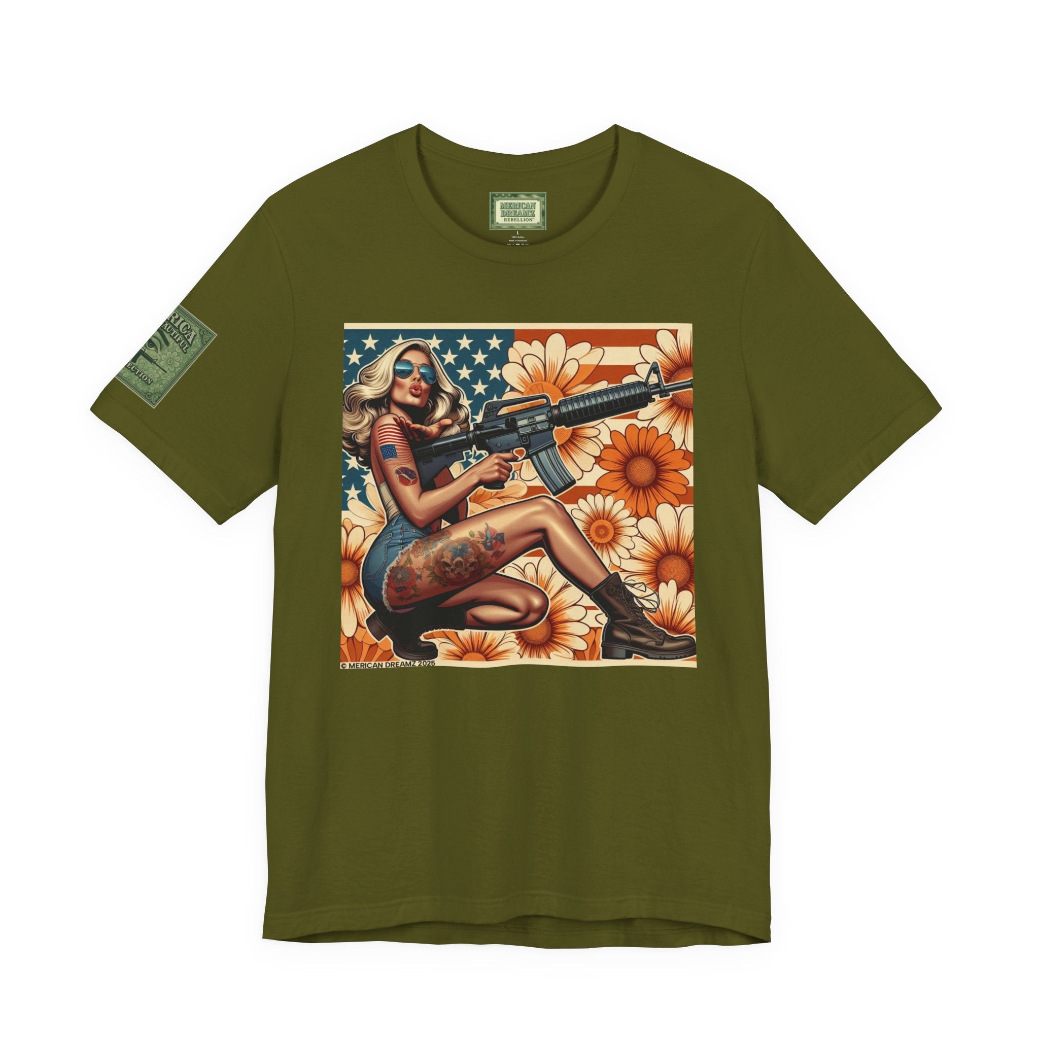 Graphic Short Sleeve Tee front and back — Retro Americana Pin-Up Girls with AR-15 Rifles