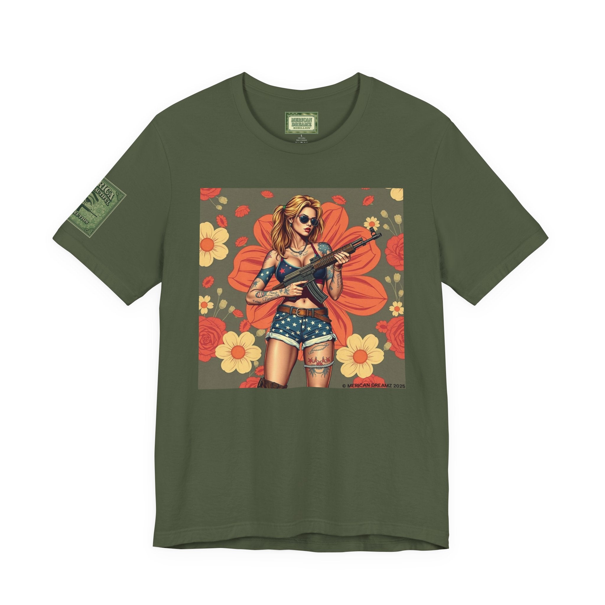 Graphic Short Sleeve Tee front and back — Retro Americana Pin-Up Girls with AK-47 Rifles