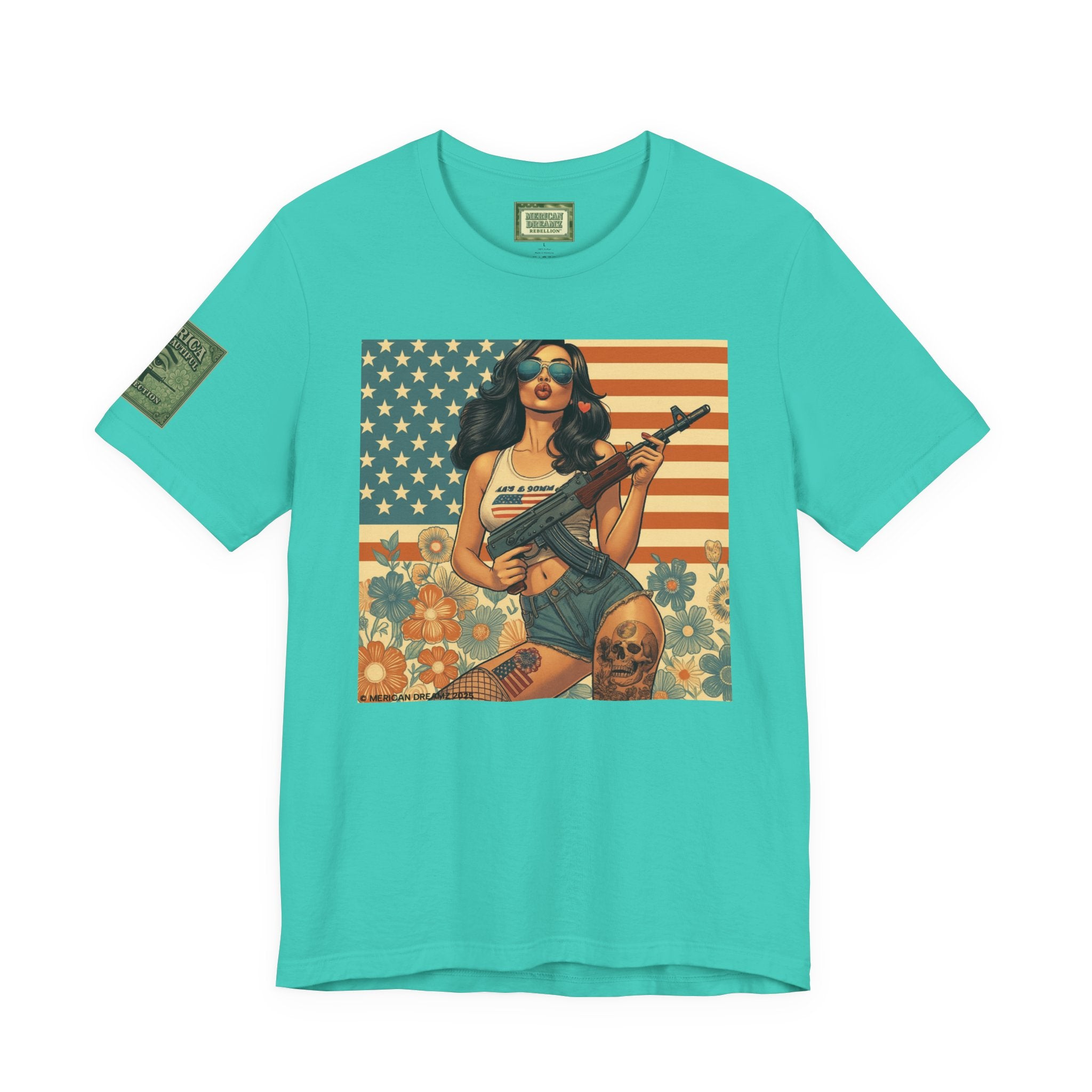 Graphic Short Sleeve Tee front and back — Retro Americana Pin-Up Girls with AK-47 Rifles