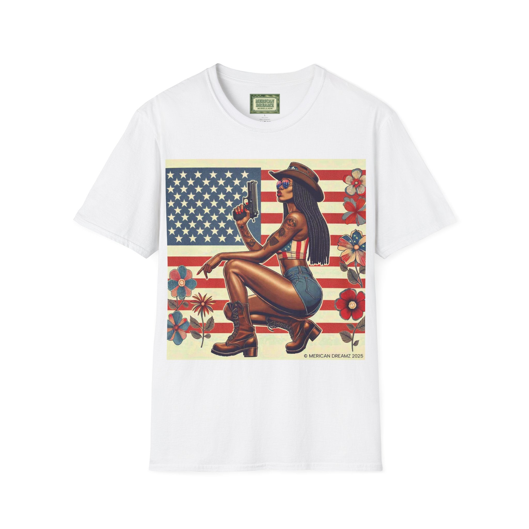 Pin-Up Americana T-Shirt — Retro Floral Gun Cowgirl Vintage Style (US Only)
