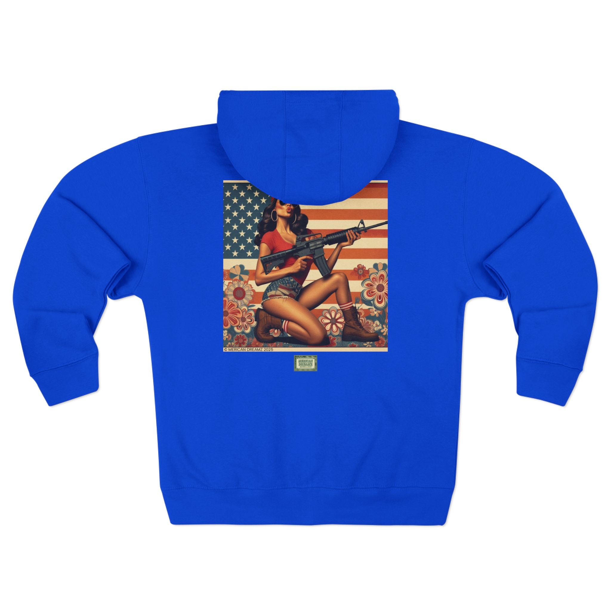 Americana Pinup girl with AR-15 Zip Hoodie — Retro Vintage Patriotic Graphic