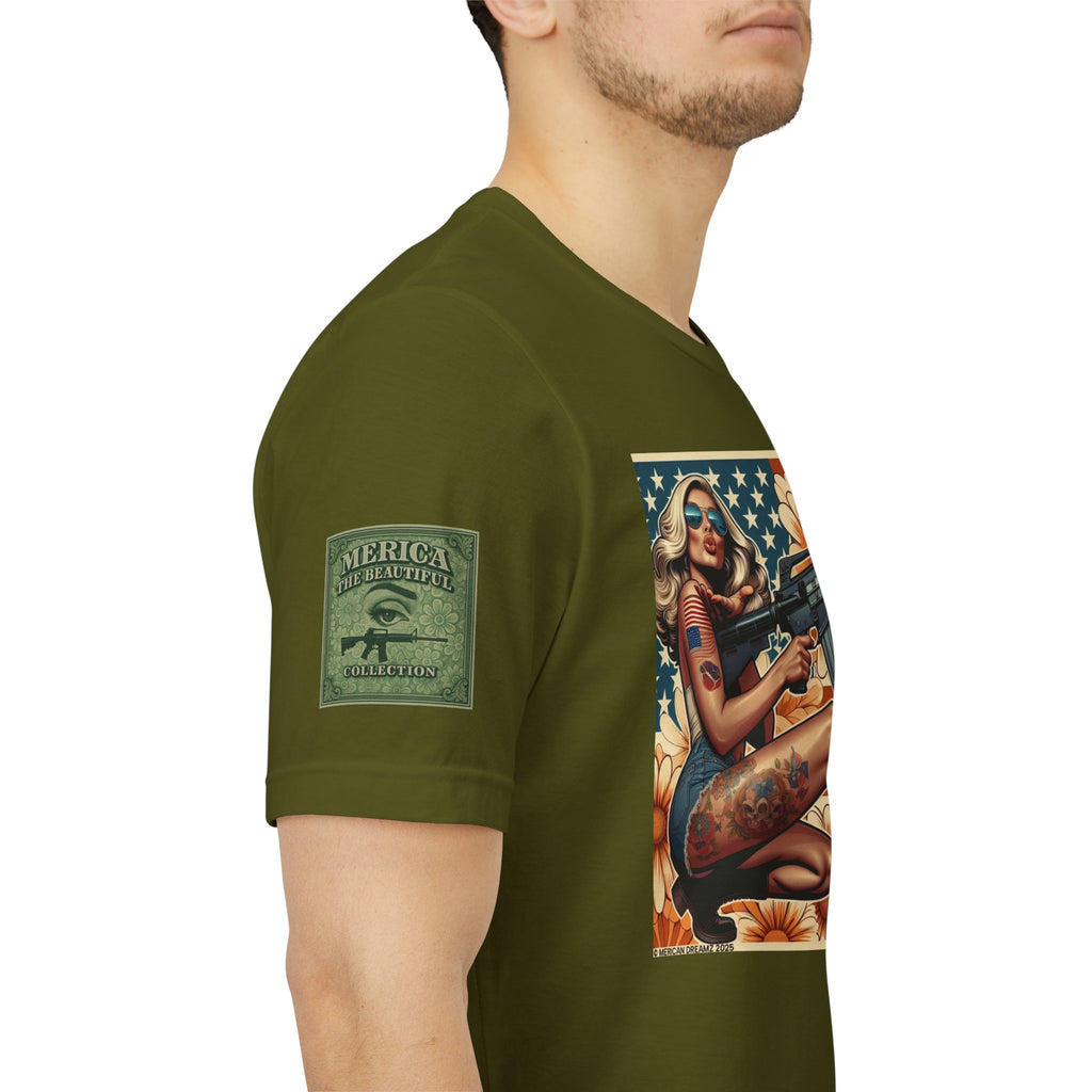 Graphic Short Sleeve Tee front and back — Retro Americana Pin-Up Girls with AR-15 Rifles