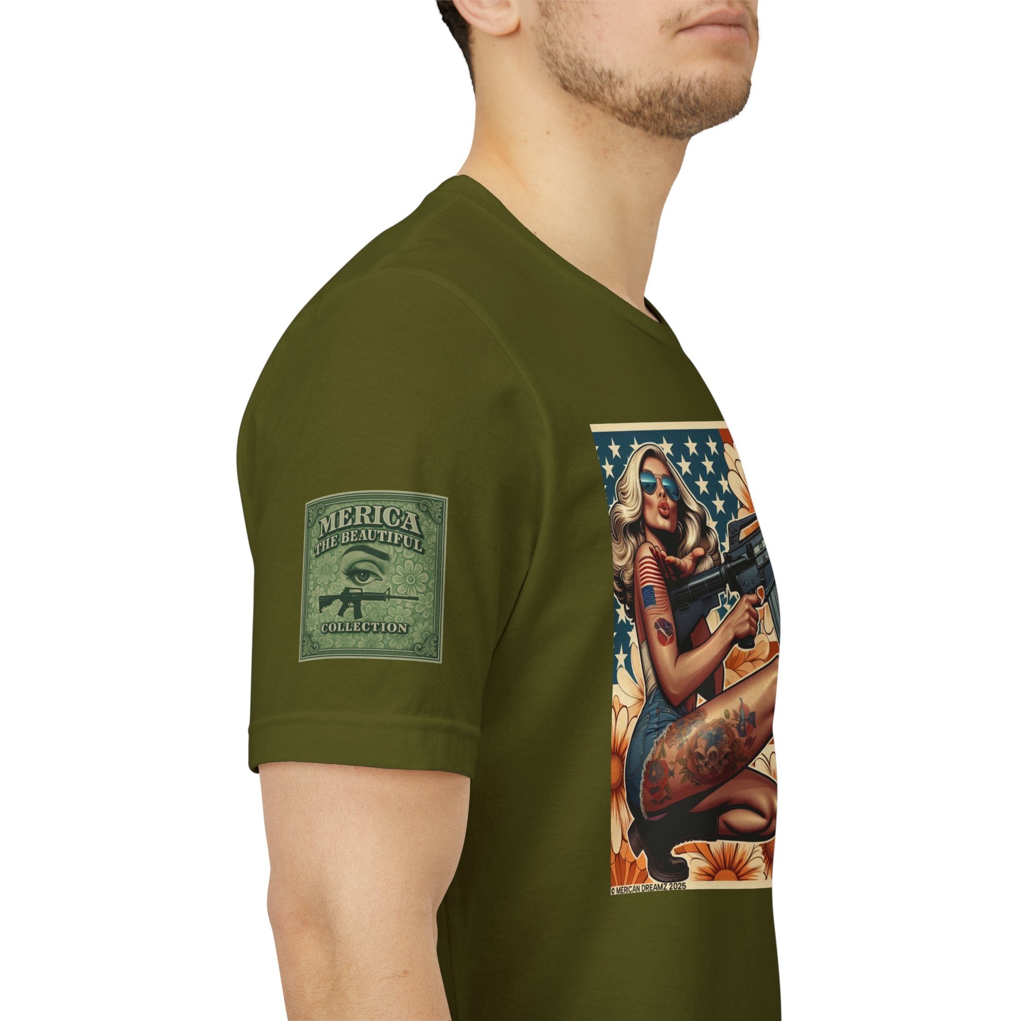 Graphic Short Sleeve Tee front and back — Retro Americana Pin-Up Girls with AR-15 Rifles
