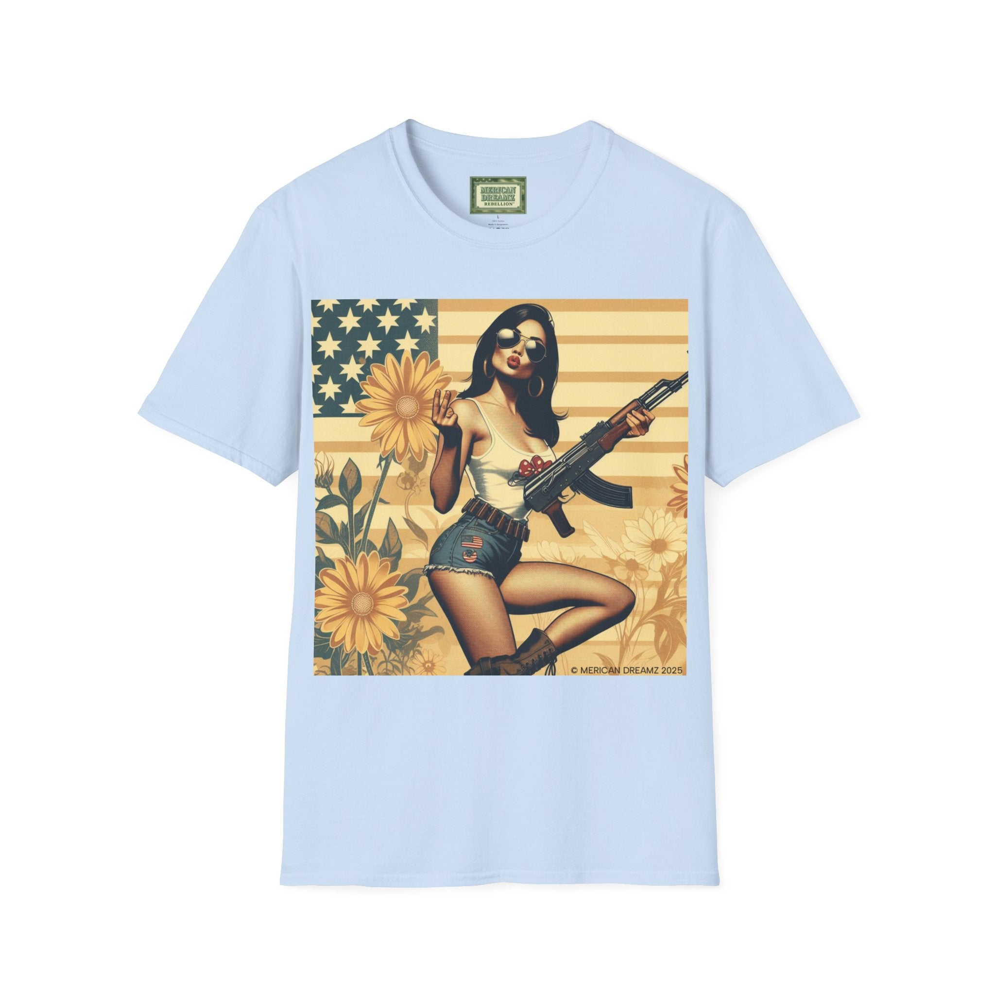 Graphic T-Shirt — Patriotic Pinup Girl with Rifle Vintage Flag Design (US Only)