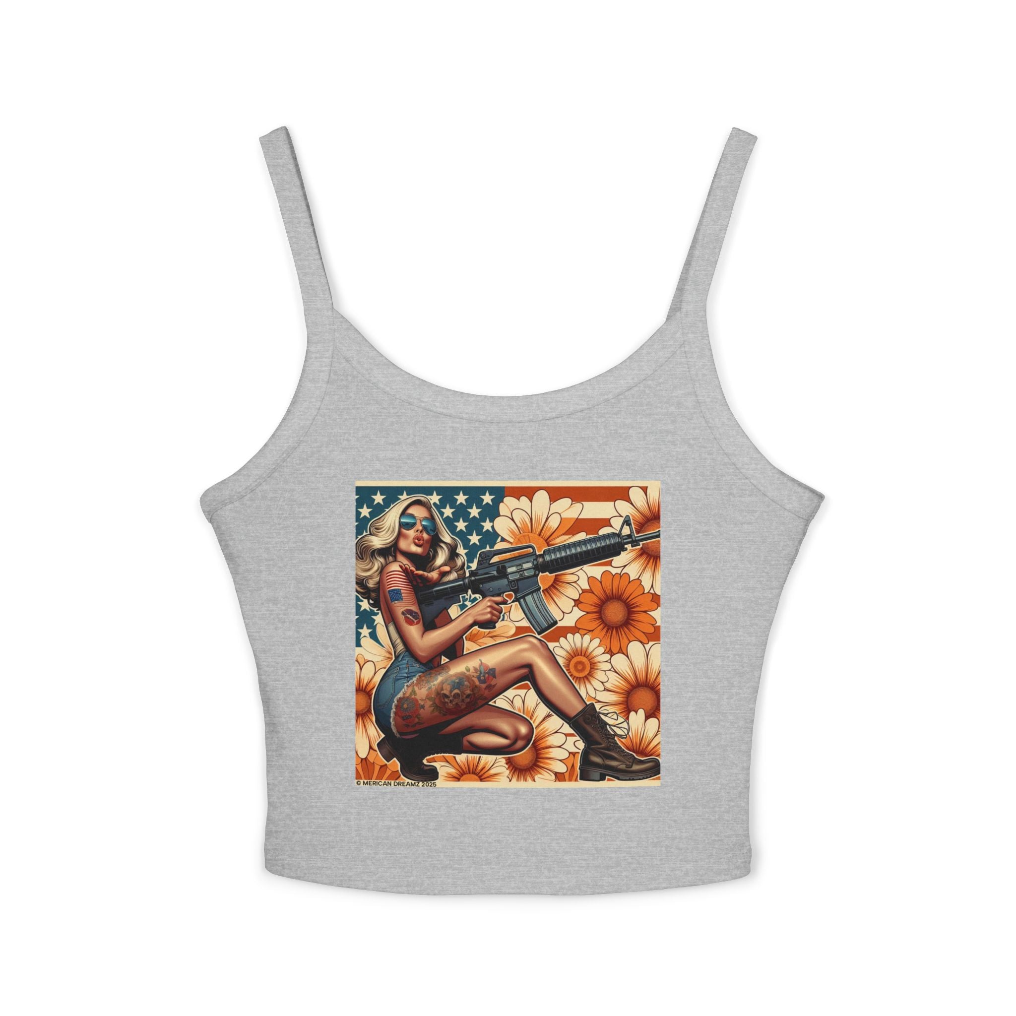 Retro Pinup Girl Tank Top — Vintage Flag & Floral Spaghetti Strap