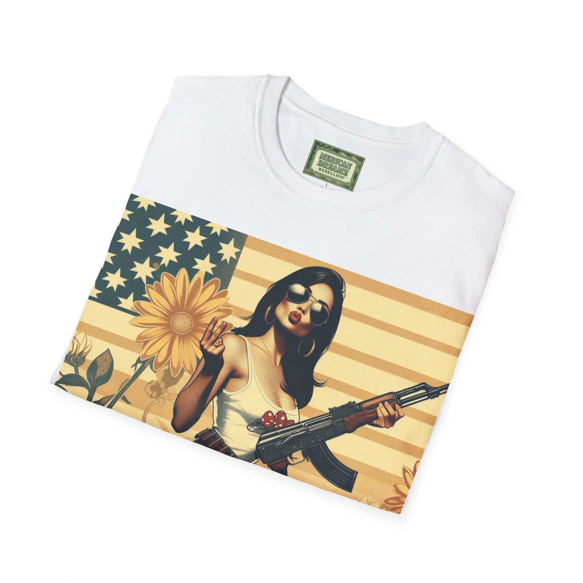 Graphic T-Shirt — Patriotic Pinup Girl with Rifle Vintage Flag Design (US Only)