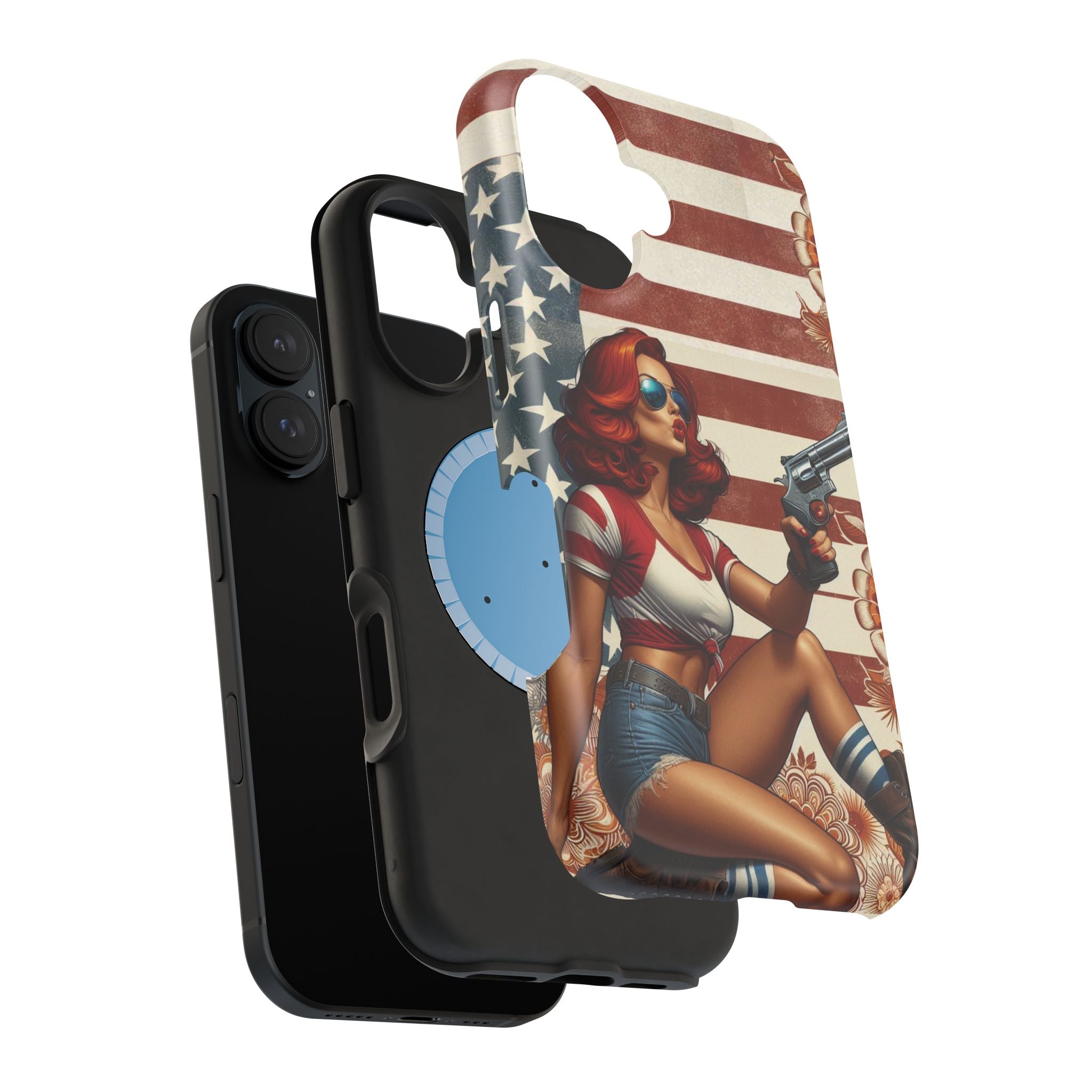 Americana .44 Magnum Pinup Girl - Magnetic Impact‑Resistant Phone Case  iPhone 13-17 / Samsung S26  MagSafe Compatible