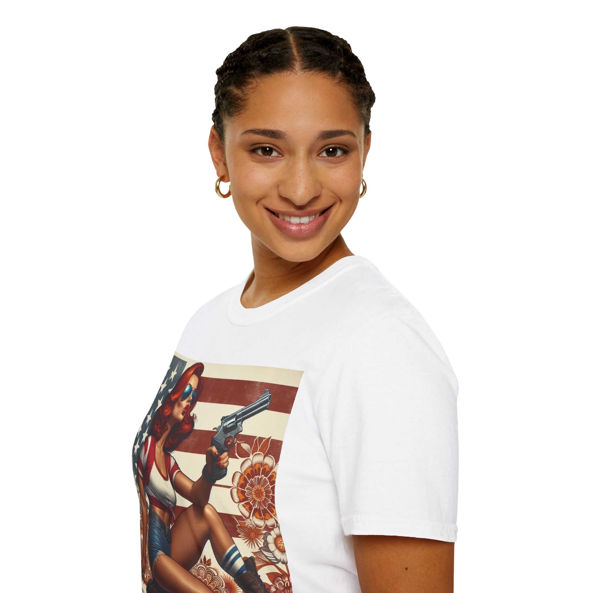 Graphic T-Shirt — Patriotic Pinup Girl with Rifle Vintage Flag Design (US Only)
