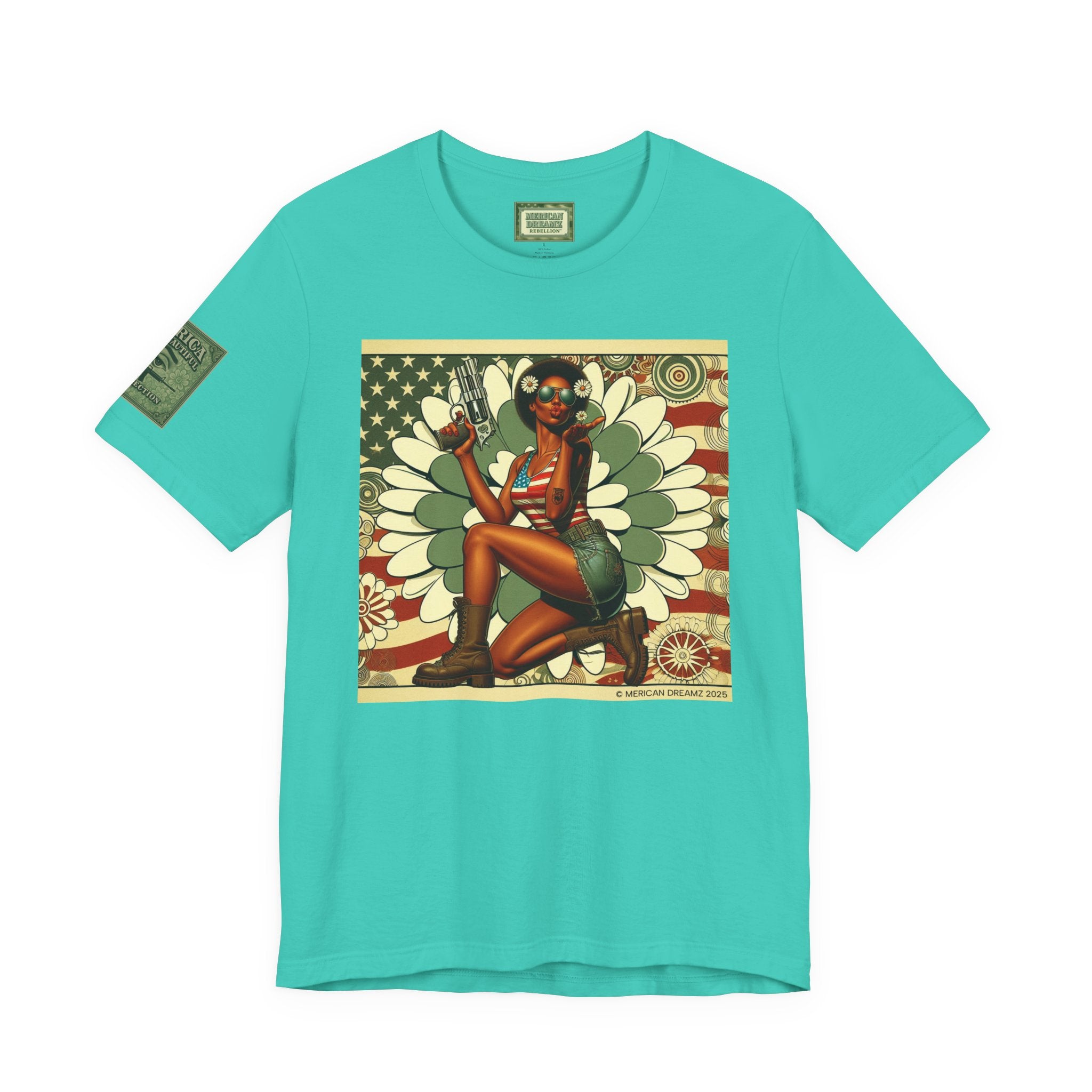 Graphic Short Sleeve Tee front and back — Retro Americana Pin-Up Cowgirls with .44 Magnum and AR-15
