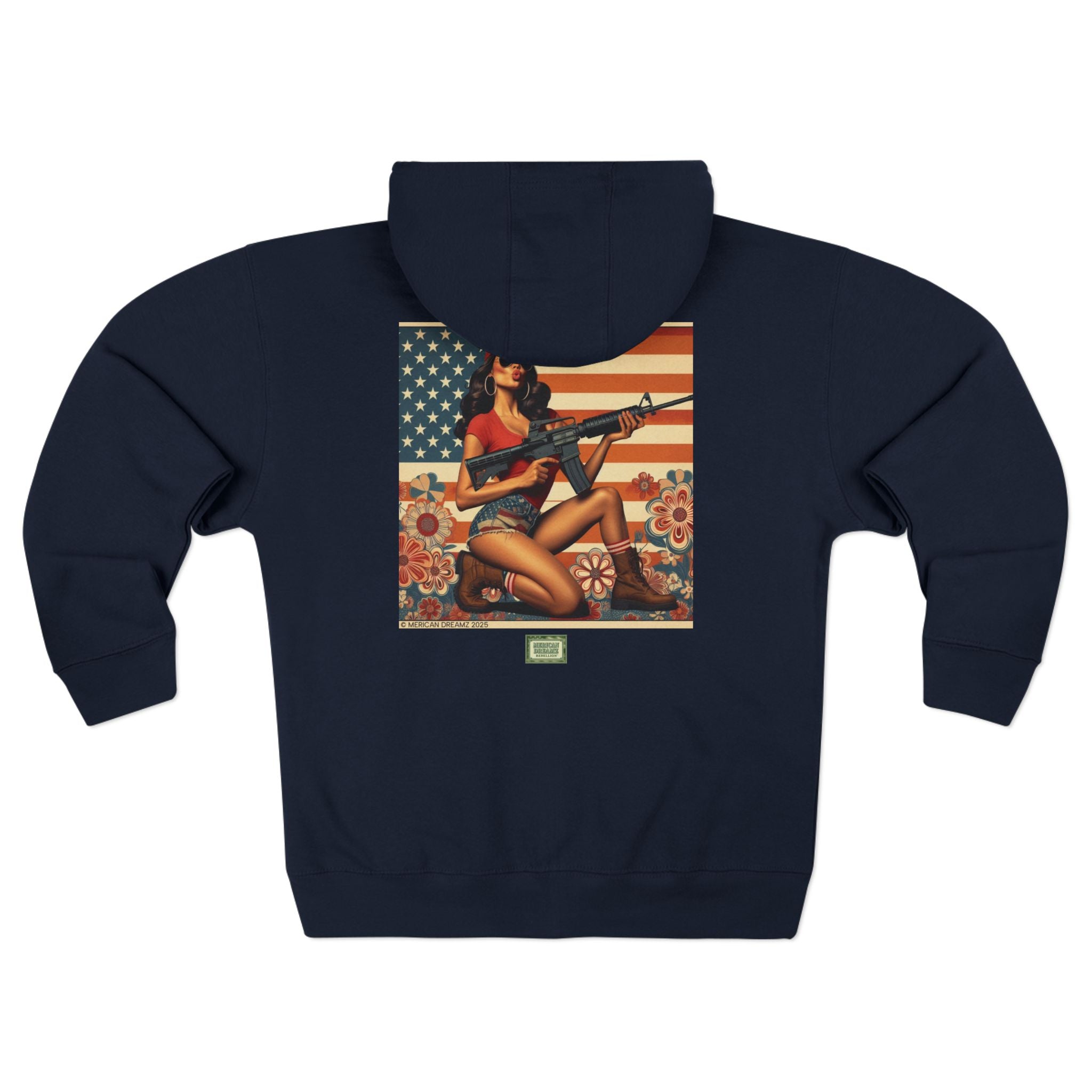 Americana Pinup girl with AR-15 Zip Hoodie — Retro Vintage Patriotic Graphic