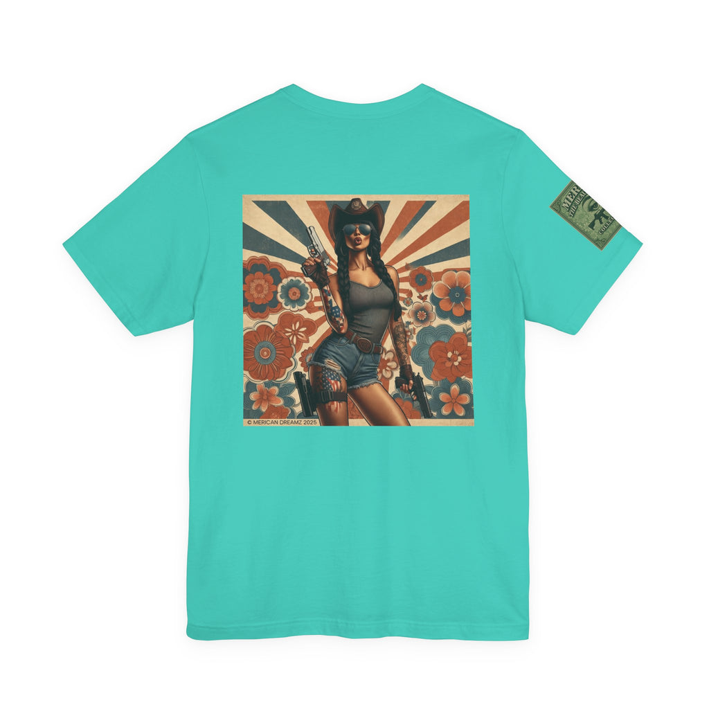 Graphic Short Sleeve Tee front and back — Retro Americana Pin-Up Cowgirls with 9mm Pistols