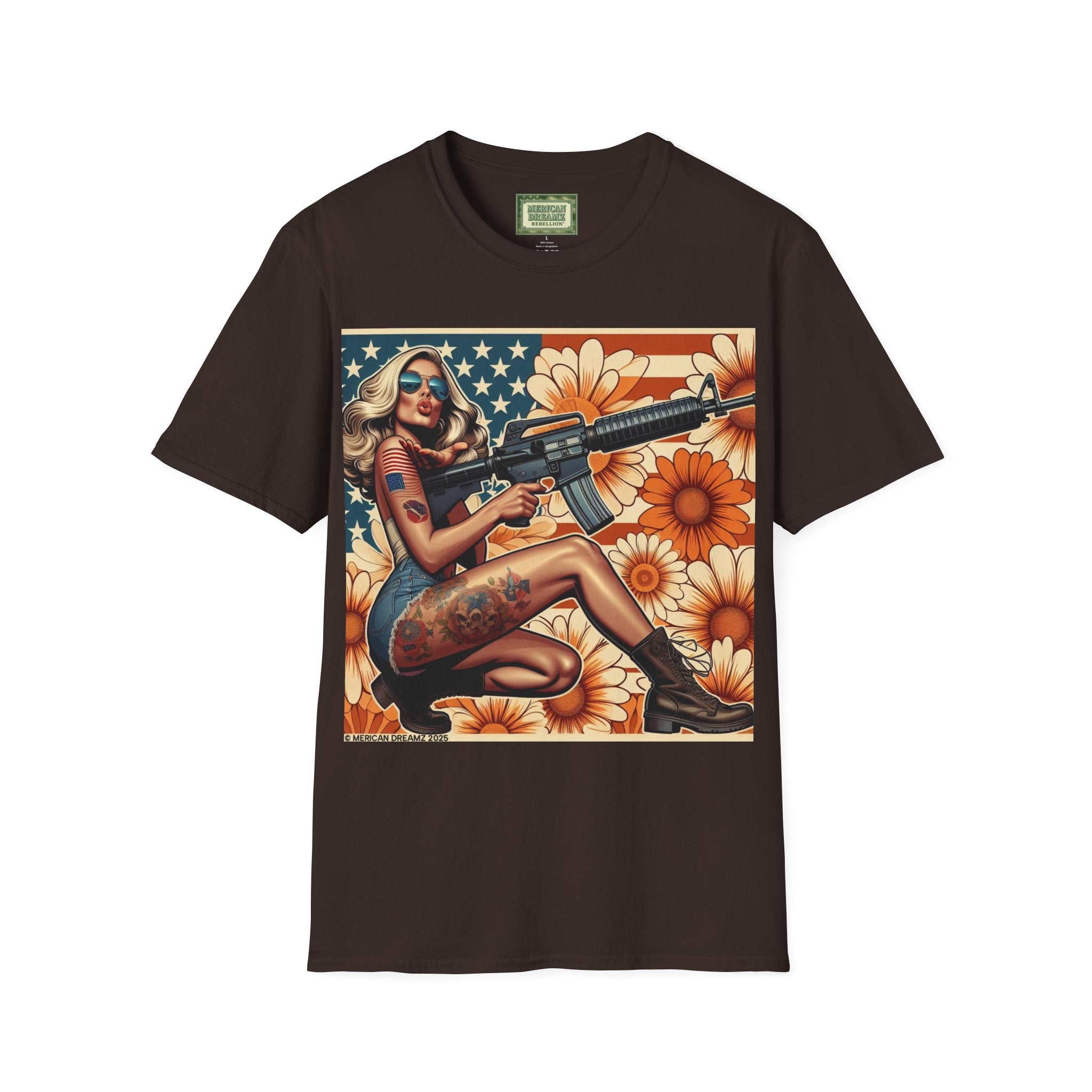 Graphic T-Shirt — Patriotic Pinup Girl with Rifle Vintage Flag Design (US Only)