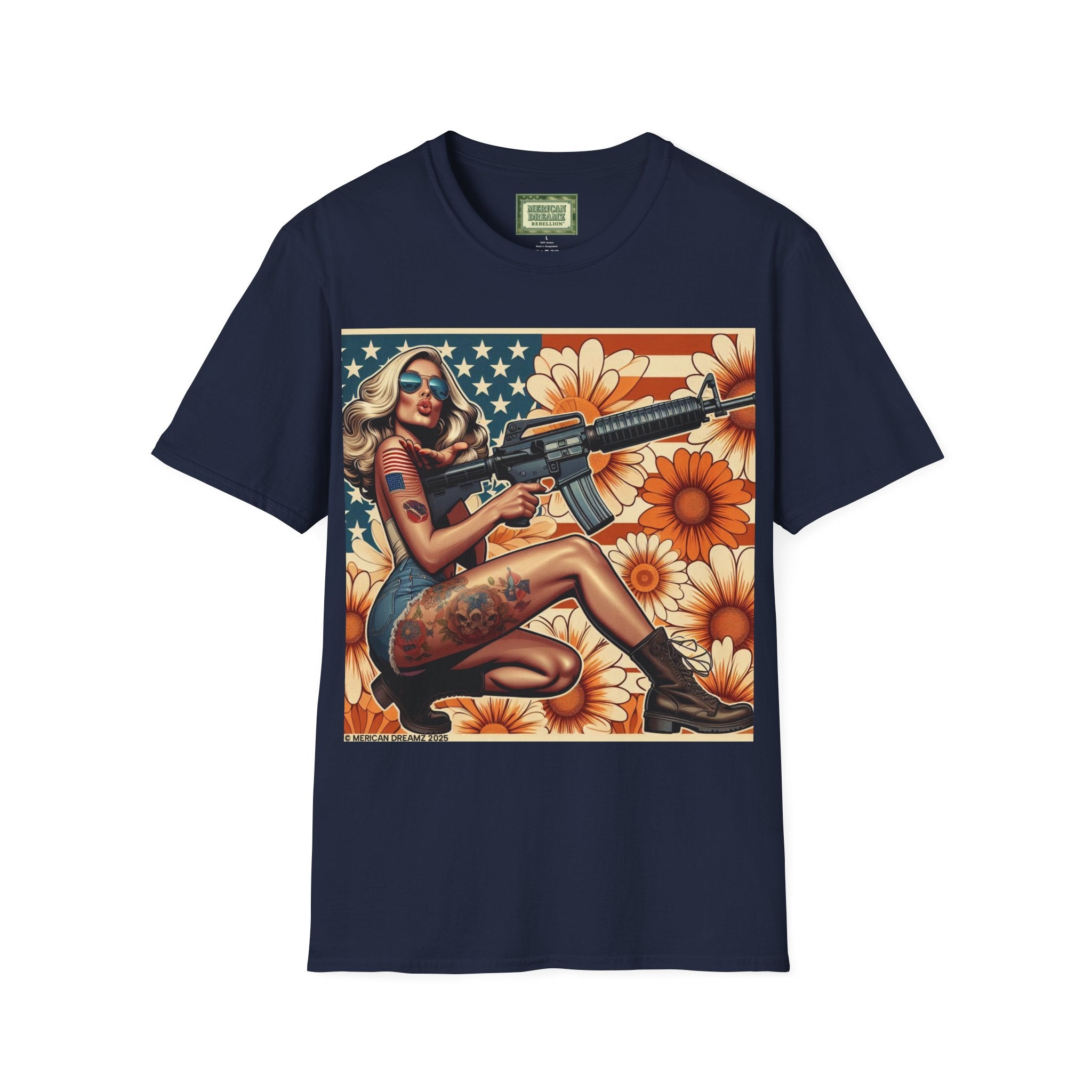Graphic T-Shirt — Patriotic Pinup Girl with Rifle Vintage Flag Design (US Only)