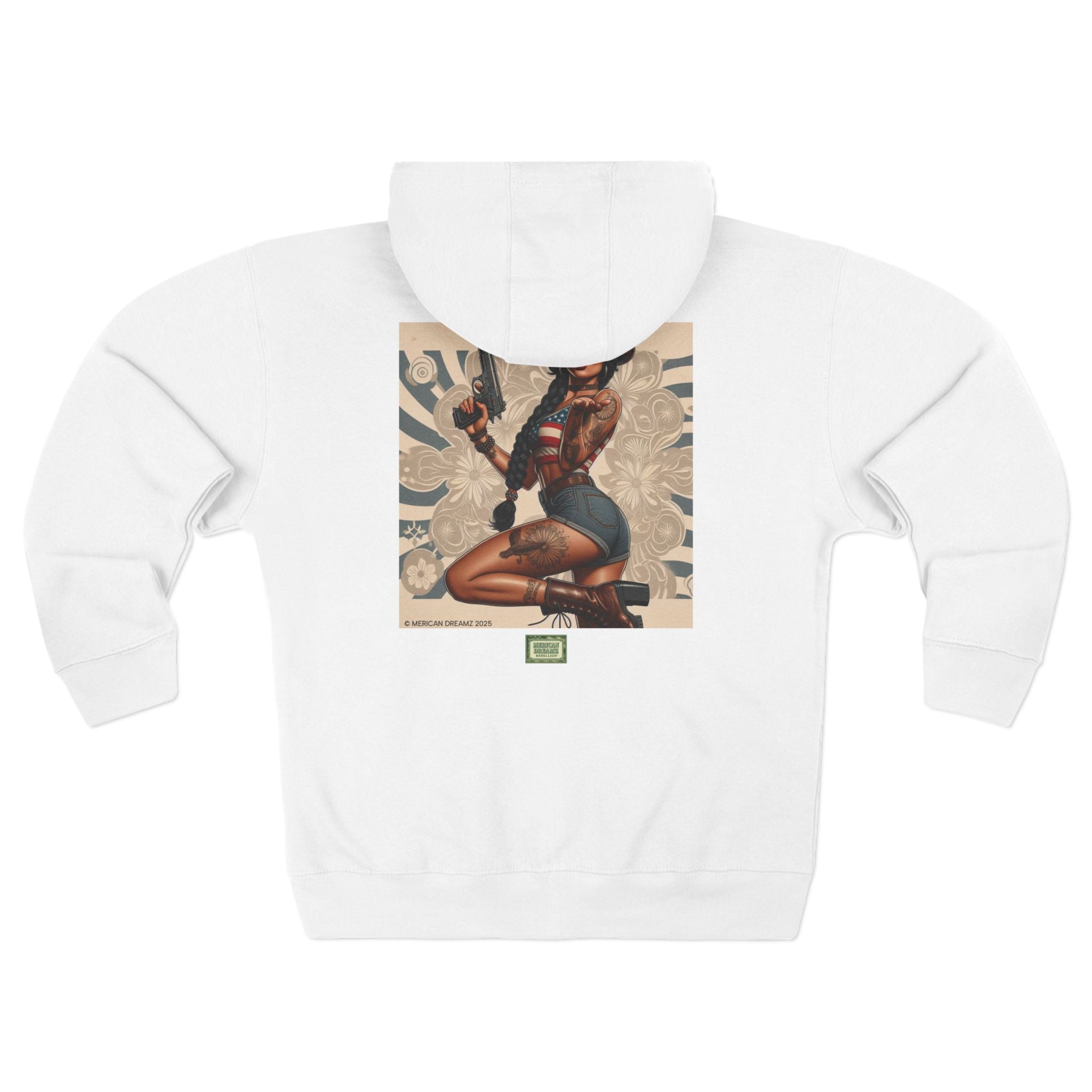 Americana Pinup Cowgirl with 9mm Zip Hoodie — Retro Vintage Patriotic Graphic