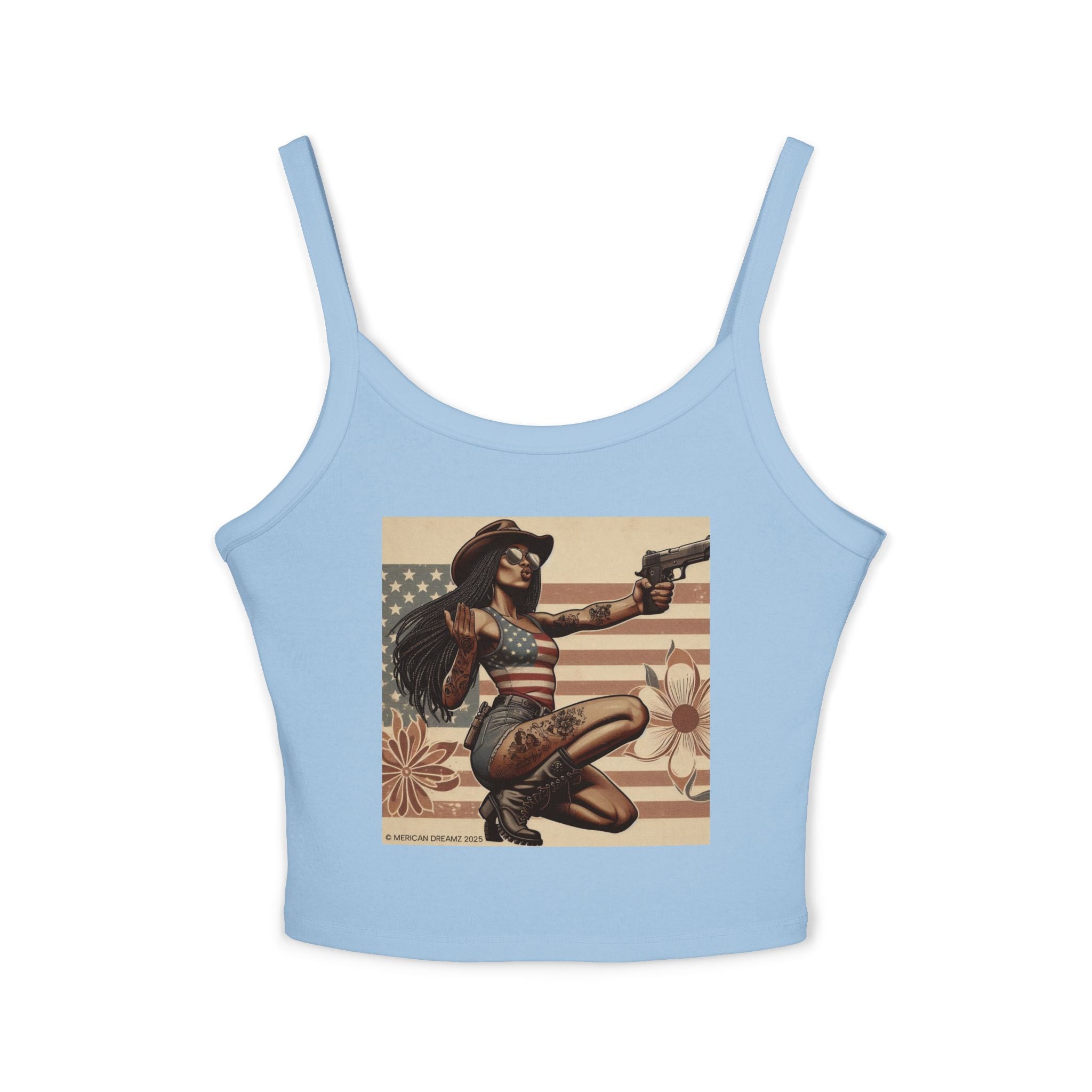 Retro Pinup Girl Tank Top — Vintage Flag & Floral Spaghetti Strap