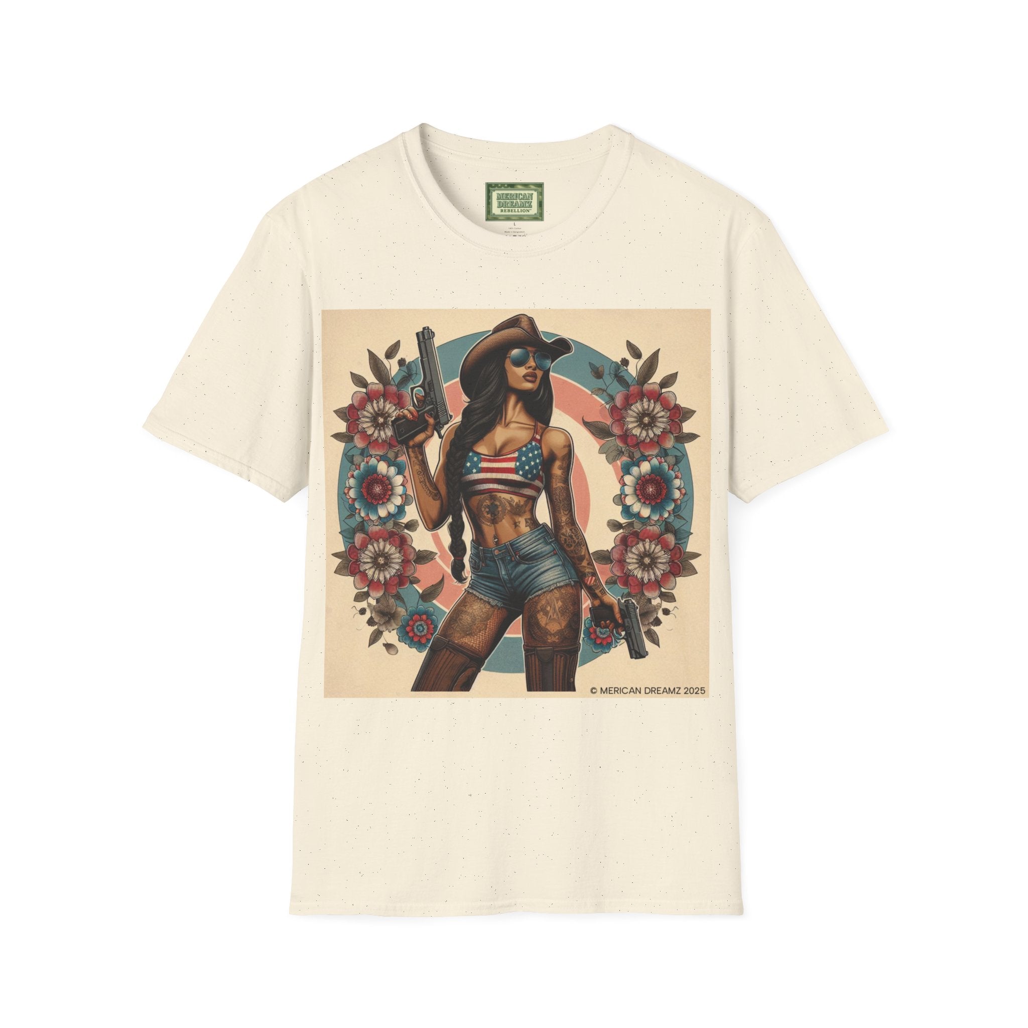 Pin-Up Americana T-Shirt — Retro Floral Gun Cowgirl Vintage Style (US Only)