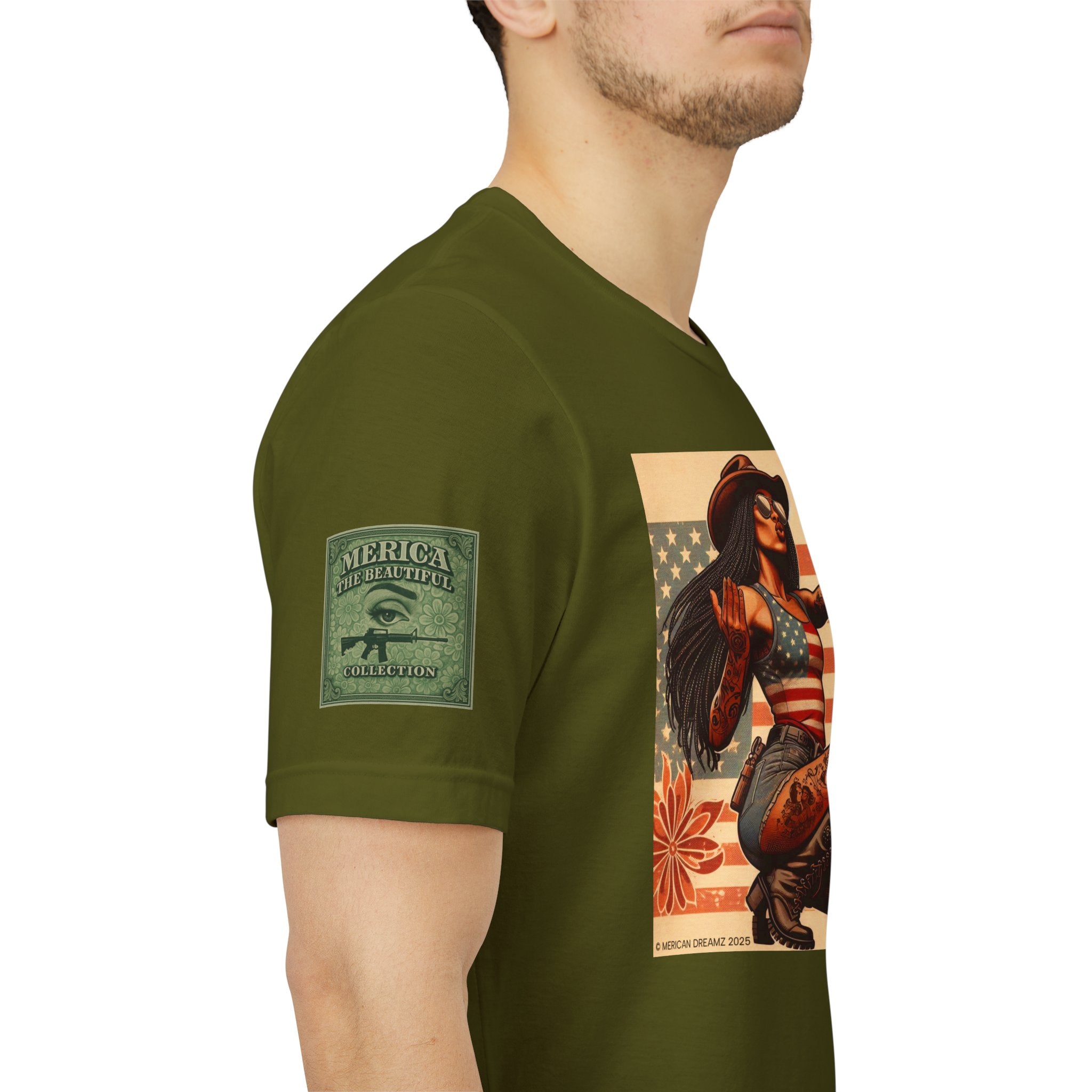 Graphic Short Sleeve Tee front and back — Retro Americana Pin-Up Cowgirls with 9mm Pistols