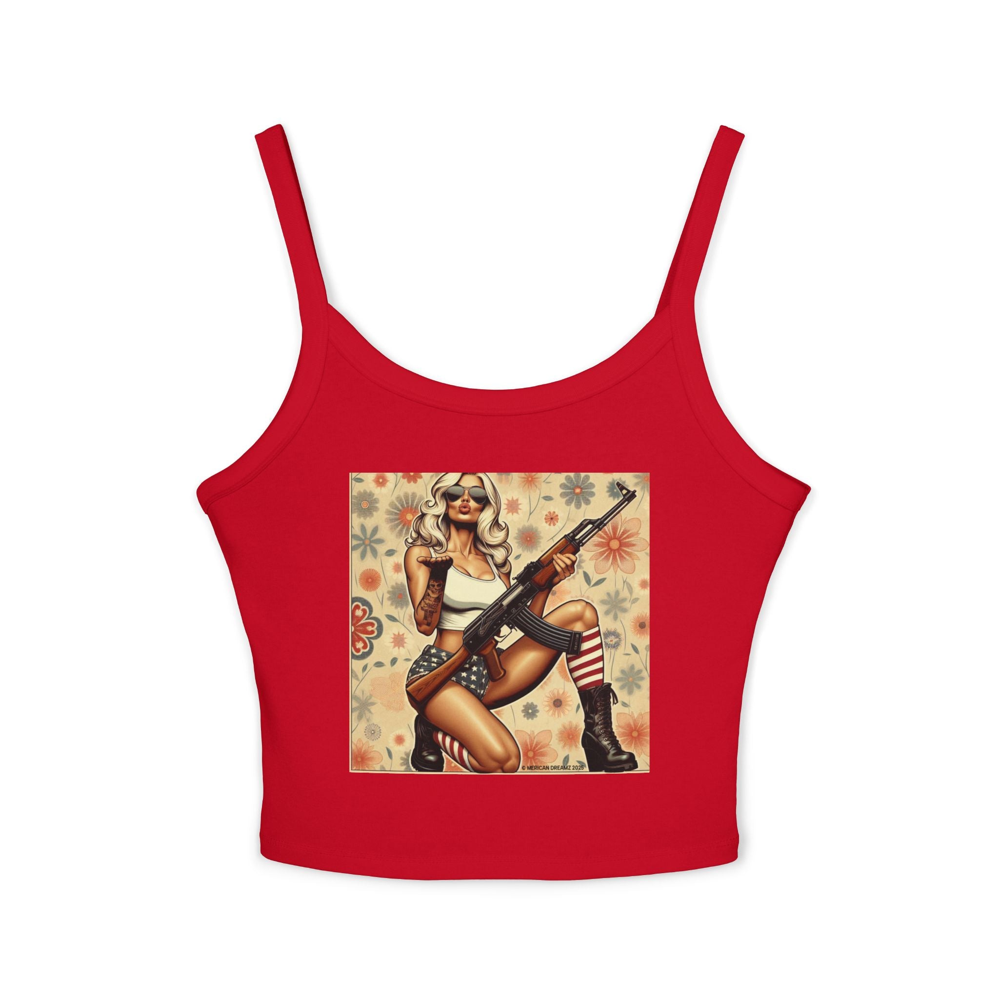 Retro Pinup Girl Tank Top — Vintage Flag & Floral Spaghetti Strap