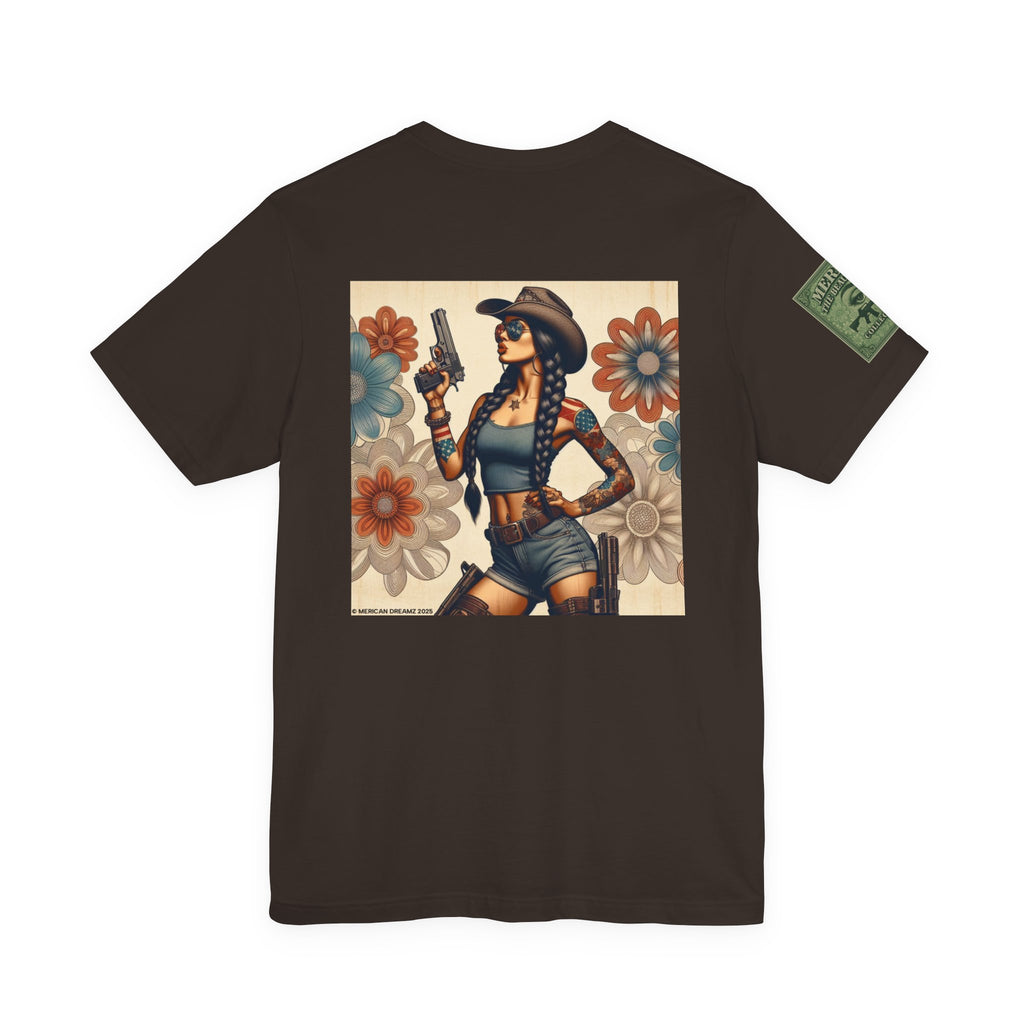 Graphic Short Sleeve Tee front and back — Retro Americana Pin-Up Cowgirls with 9mm Pistols