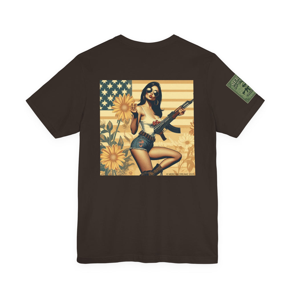 Graphic Short Sleeve Tee front and back — Retro Americana Pin-Up Girls with AK-47 Rifles