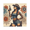 Car Magnet Patriotic Americana Cowgirl with Pistol | Square American Flag Vintage Floral