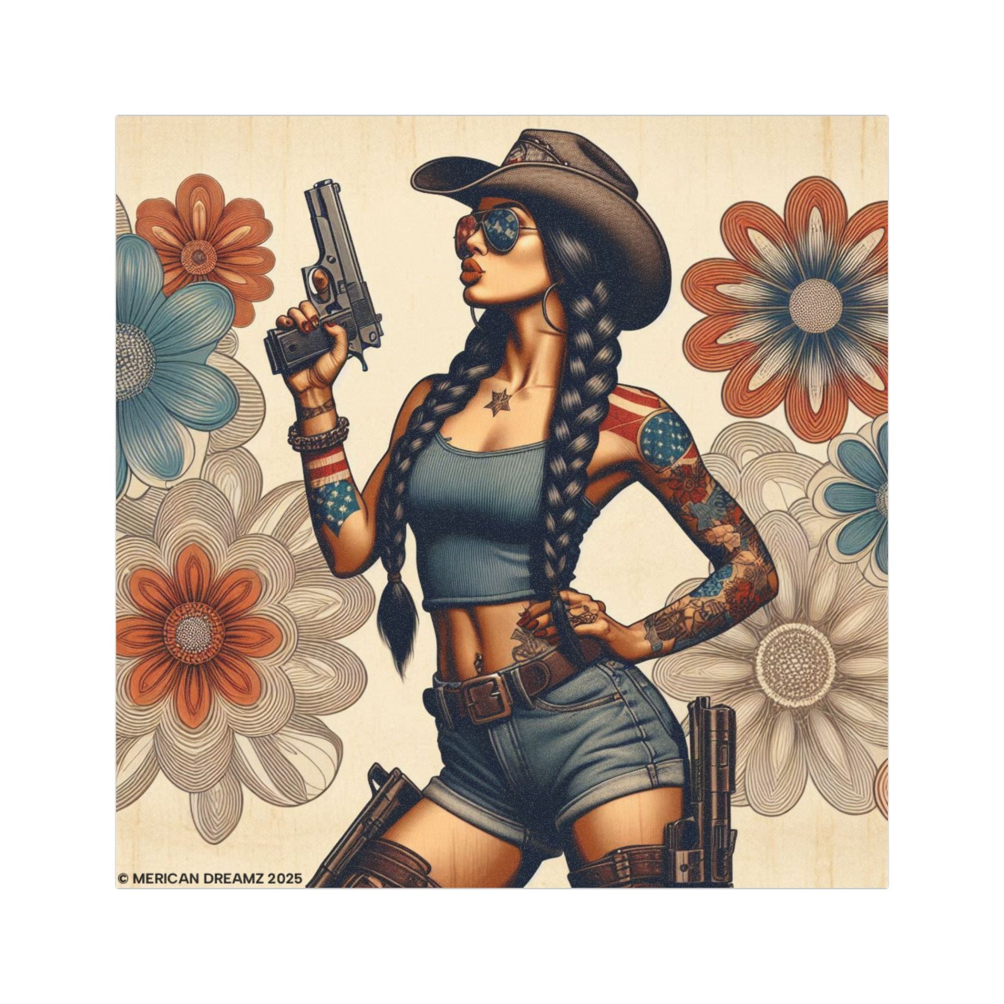 Car Magnet Patriotic Americana Cowgirl with Pistol | Square American Flag Vintage Floral