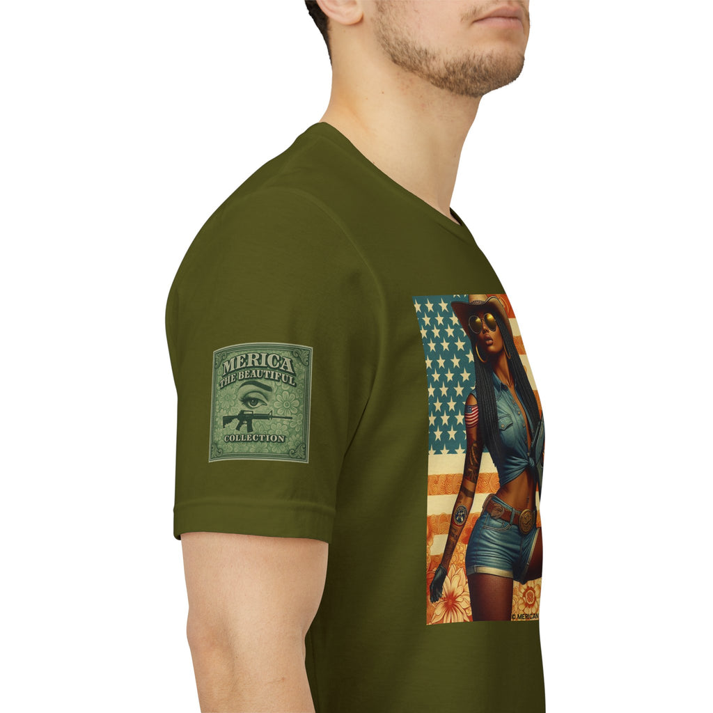 Graphic Short Sleeve Tee front and back — Retro Americana Pin-Up Cowgirls with 12 Gauge Shotguns