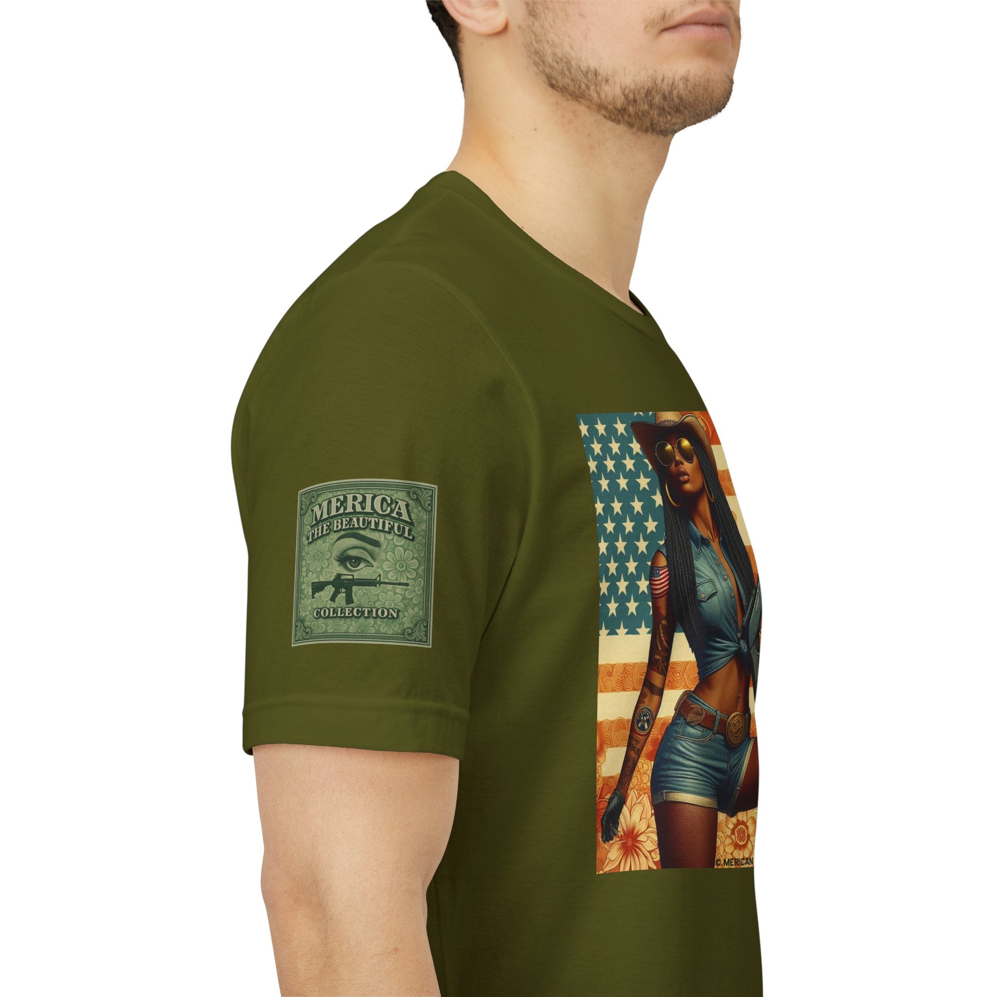 Graphic Short Sleeve Tee front and back — Retro Americana Pin-Up Cowgirls with 12 Gauge Shotguns