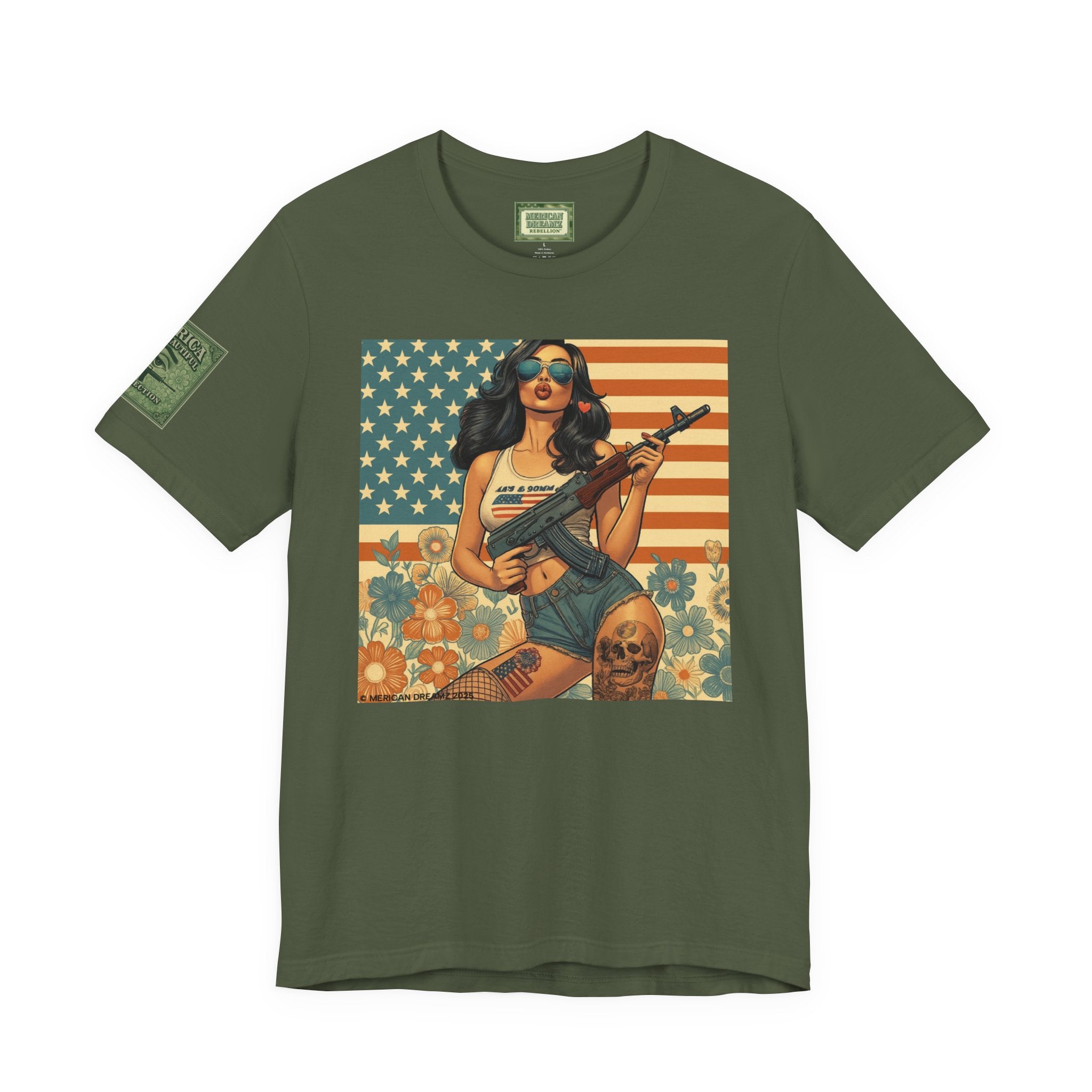Graphic Short Sleeve Tee front and back — Retro Americana Pin-Up Girls with AK-47 Rifles