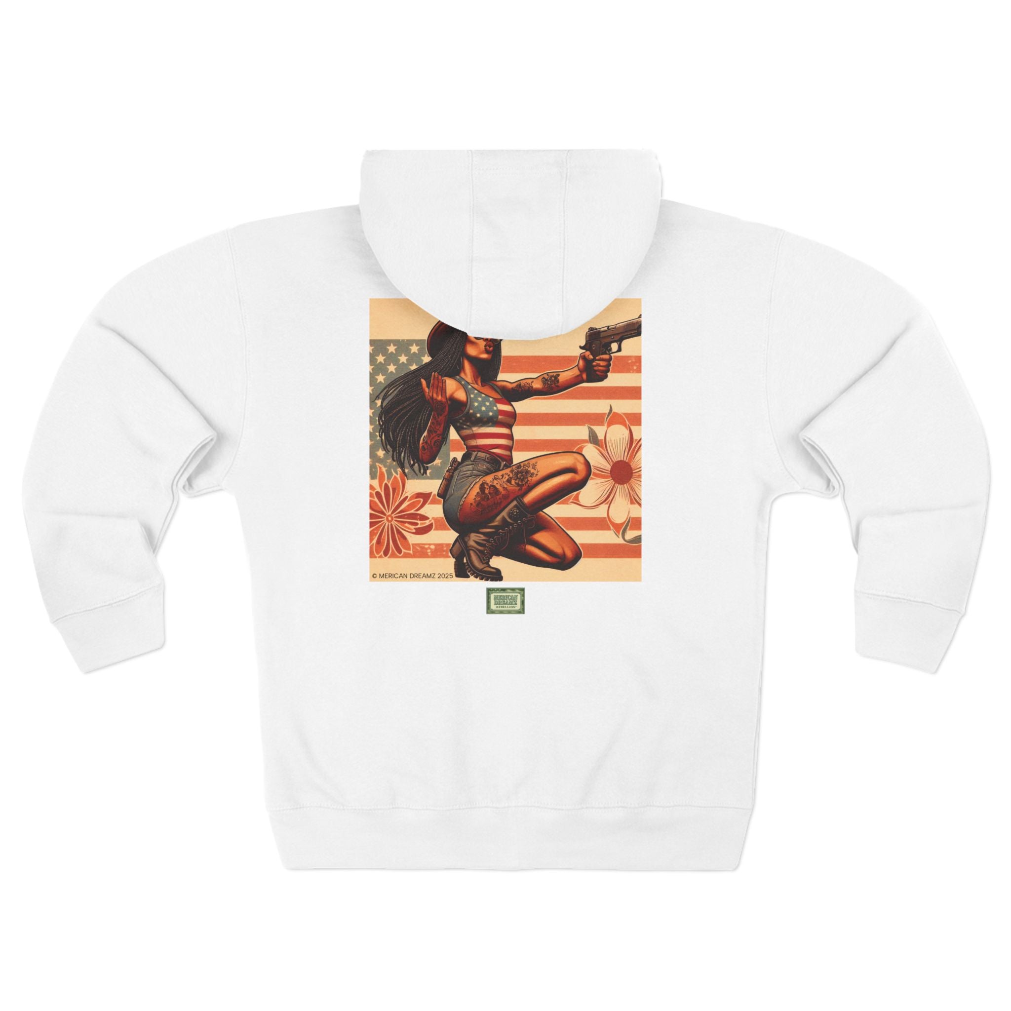 Americana Pinup Cowgirl with 9mm Zip Hoodie — Retro Vintage Patriotic Graphic