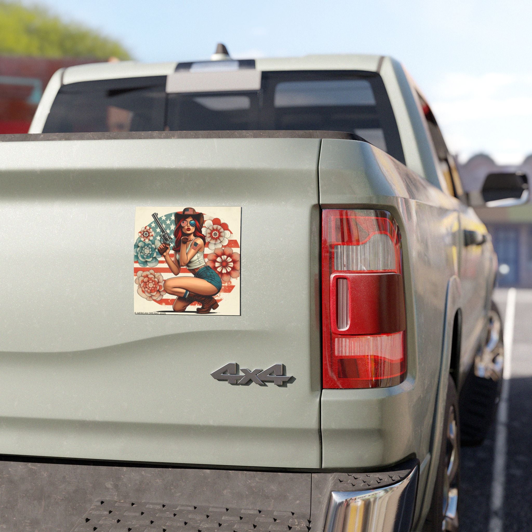 Car Magnet Patriotic Americana Cowgirl with Pistol | Square American Flag Vintage Floral