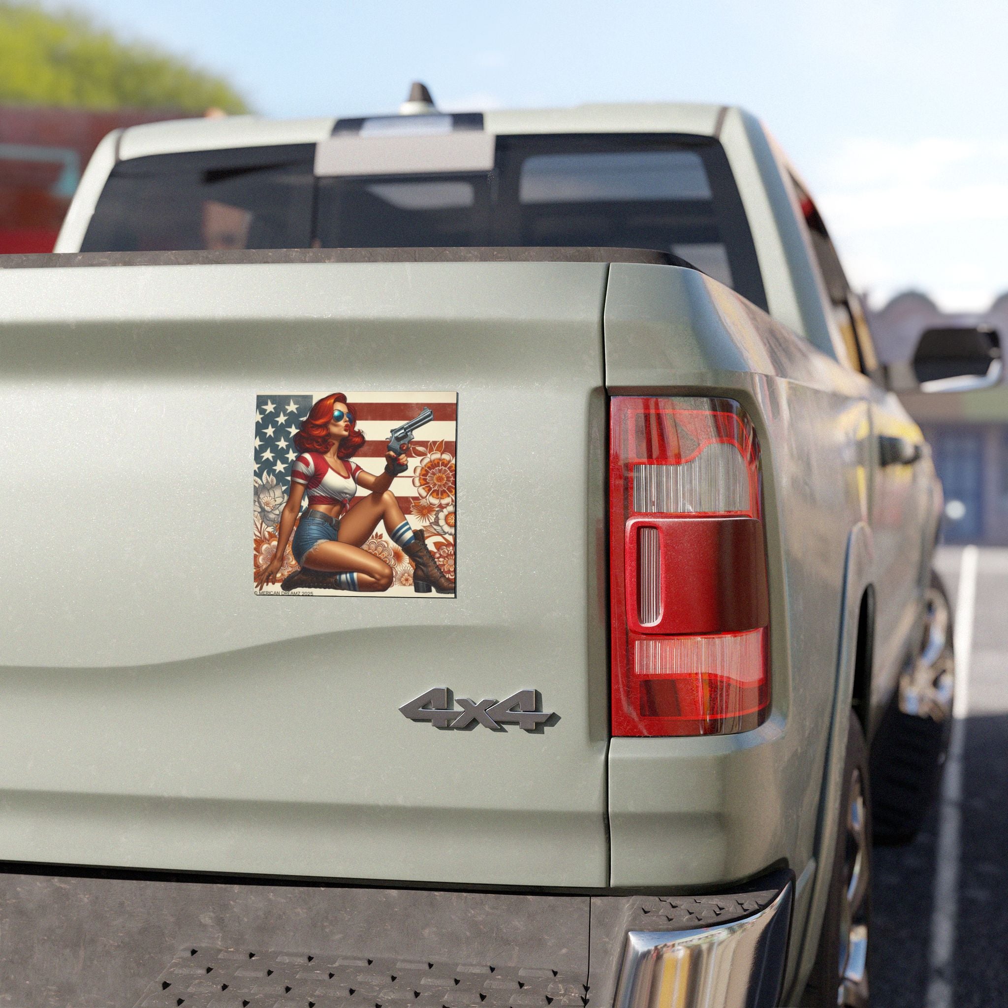 Car Magnet Patriotic Americana Cowgirl with Pistol | Square American Flag Vintage Floral