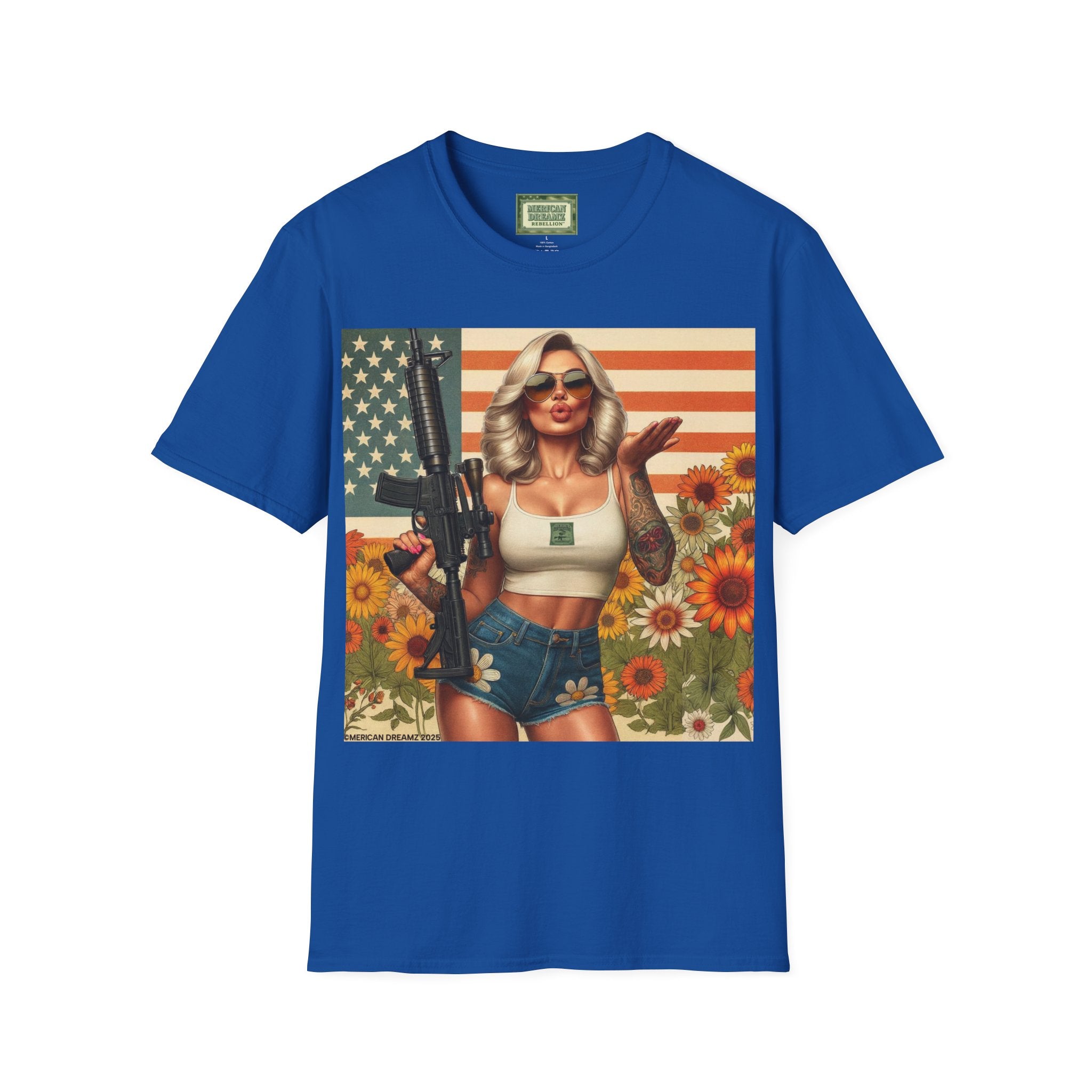 Pin-Up Americana T-Shirt — Retro Floral Gun Cowgirl Vintage Style (US Only)