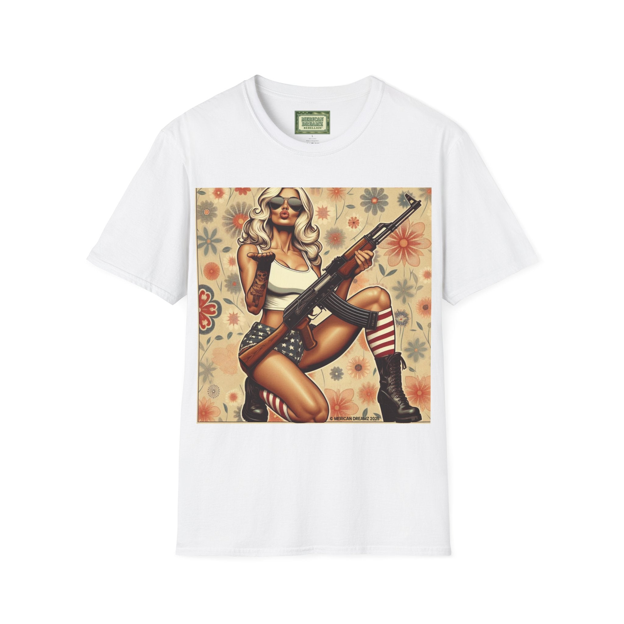 Graphic T-Shirt — Patriotic Pinup Girl with Rifle Vintage Flag Design (US Only)