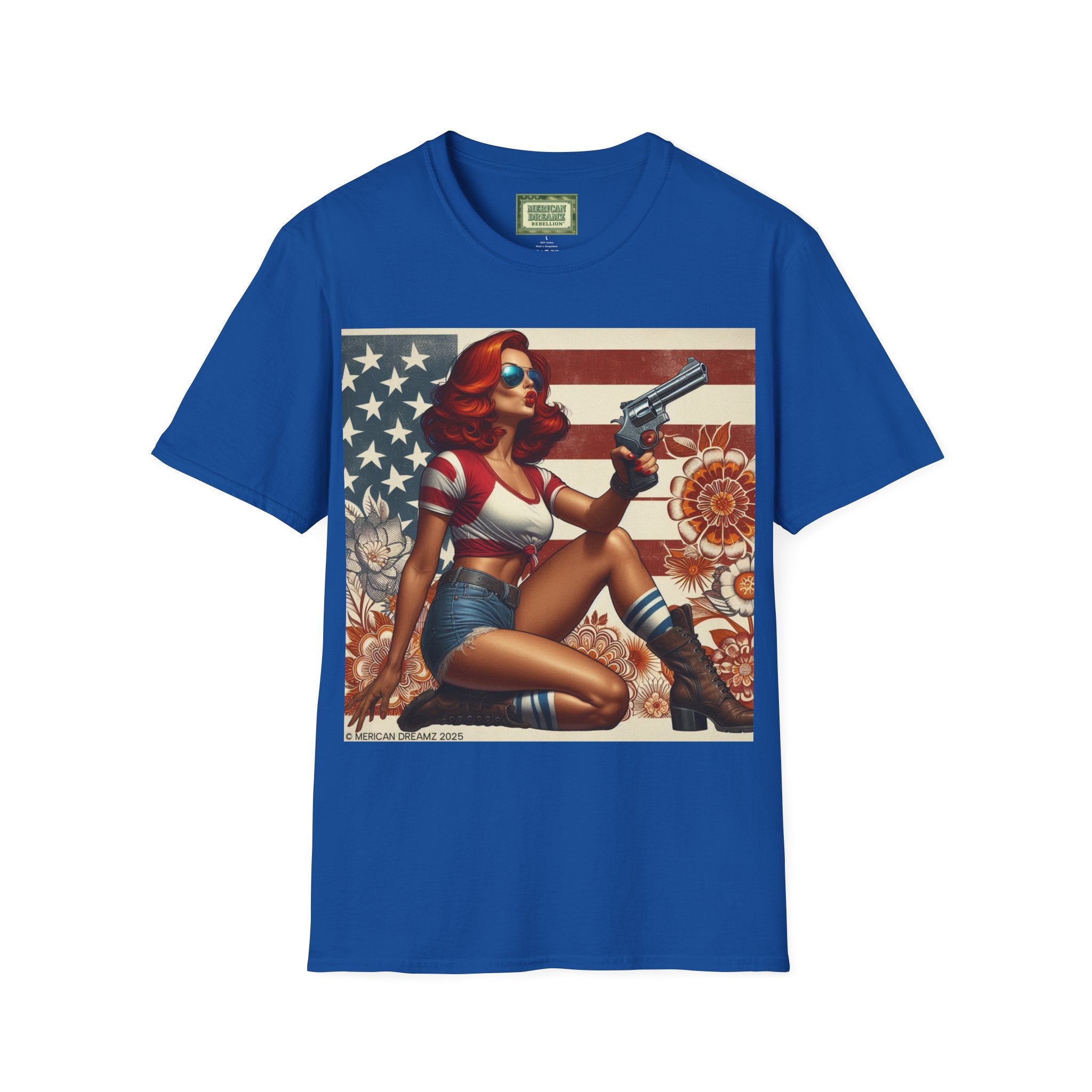 Graphic T-Shirt — Patriotic Pinup Girl with Rifle Vintage Flag Design (US Only)