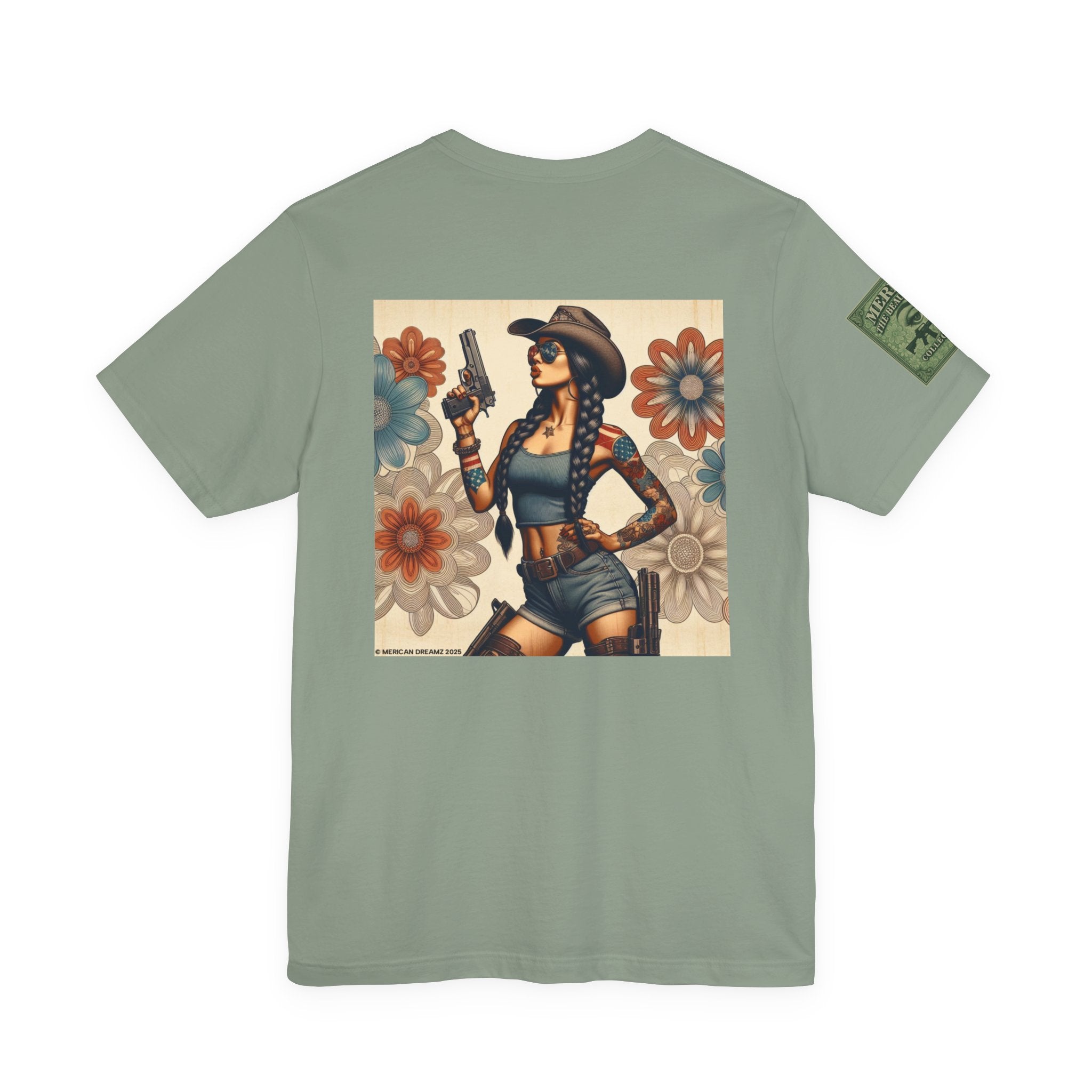 Graphic Short Sleeve Tee front and back — Retro Americana Pin-Up Cowgirls with 9mm Pistols