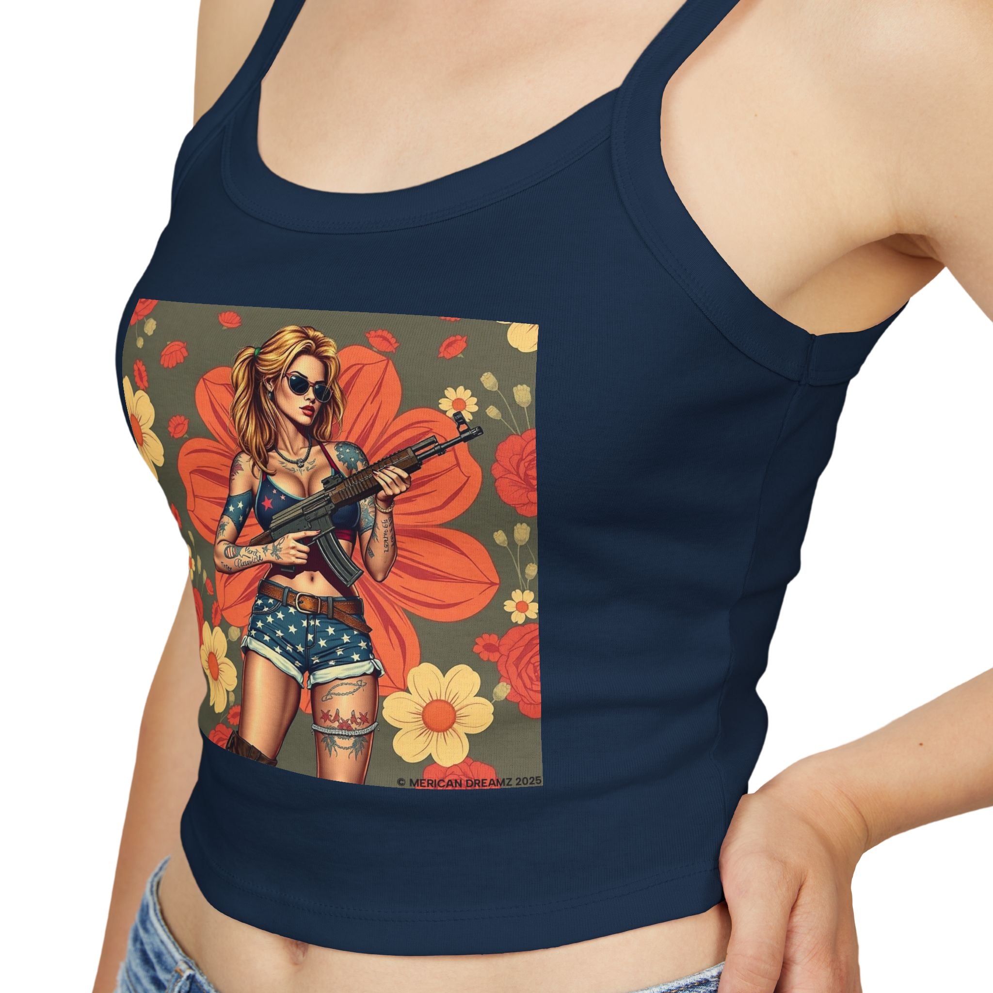 Retro Pinup Girl Tank Top — Vintage Floral Spaghetti Strap