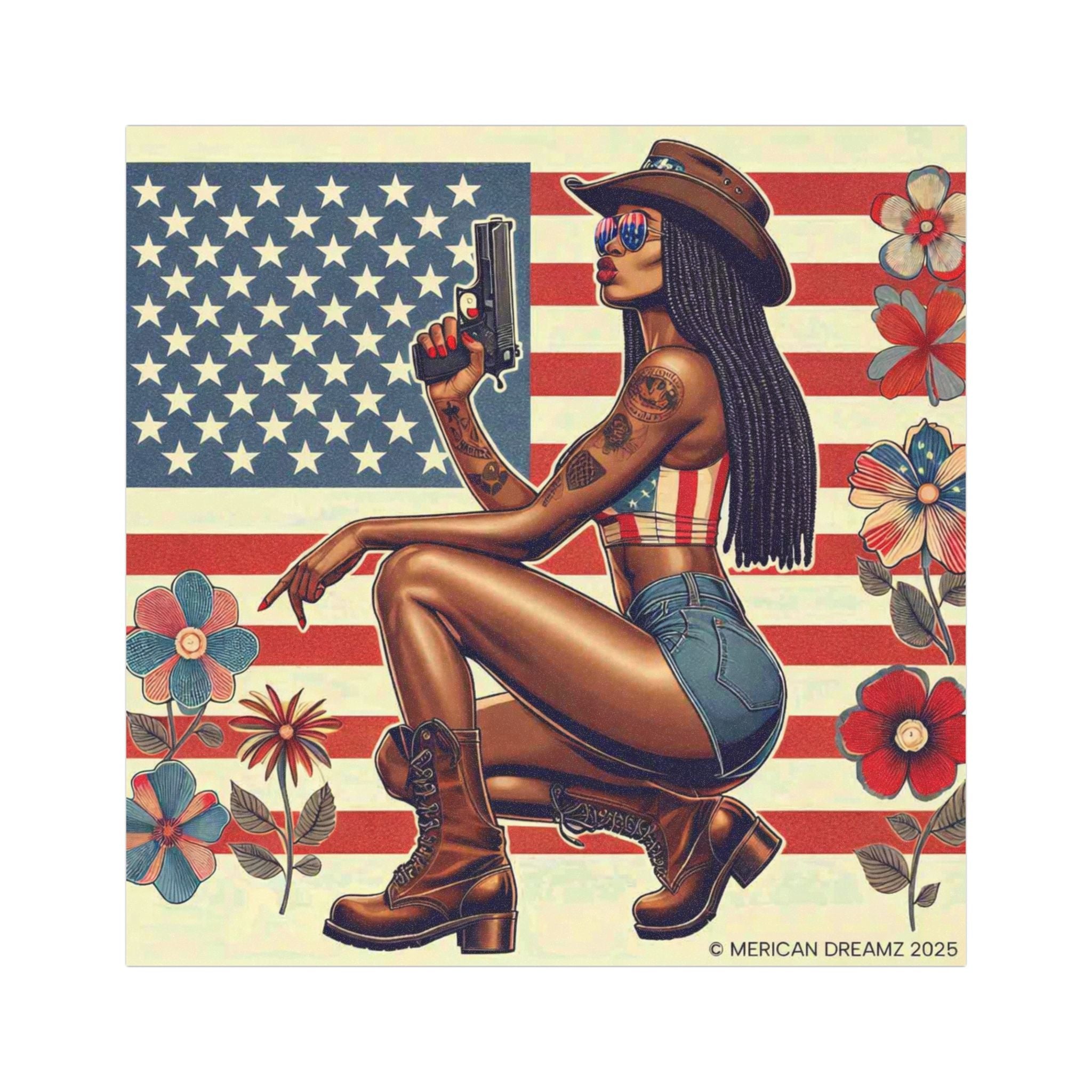 Car Magnet Patriotic Americana Cowgirl with Pistol | Square American Flag Vintage Floral